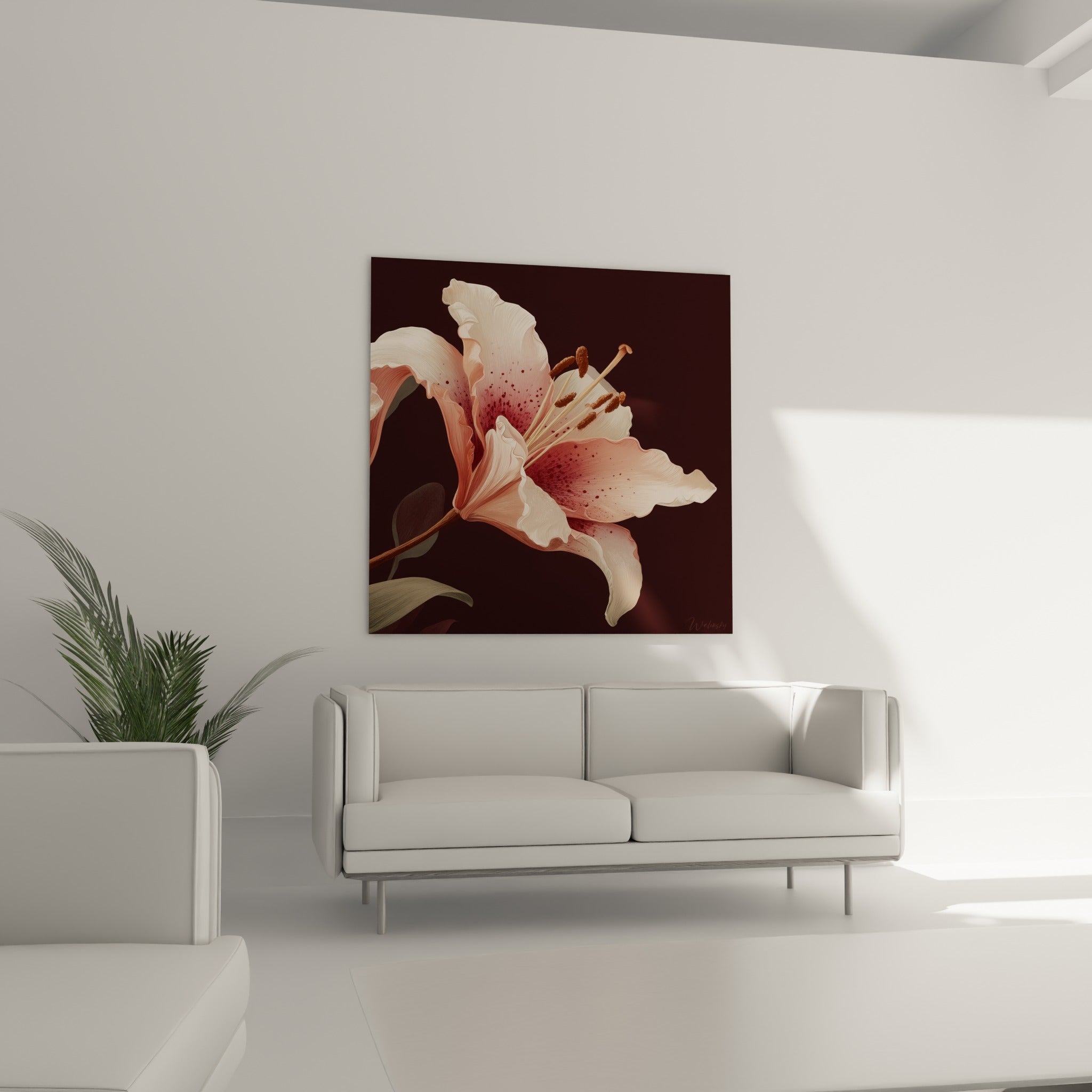 Pétales de lys ivoire et rose profond aux nervures fines, au-dessus d'un canapé dans un salon lumineux