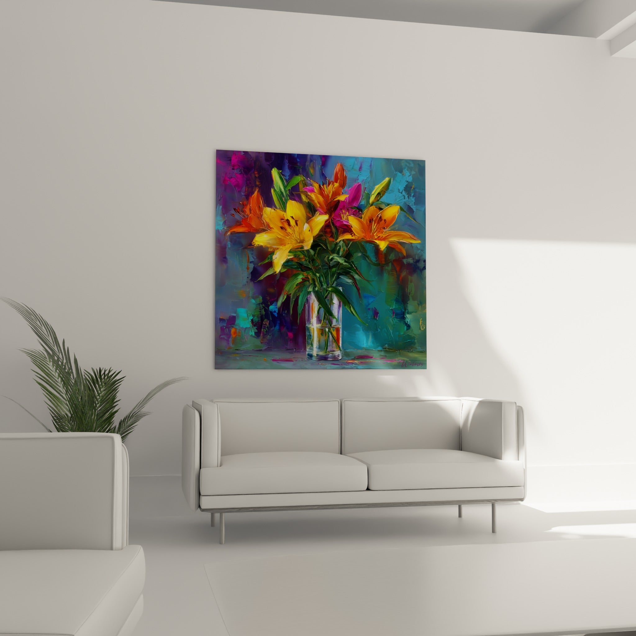 Fleurs de lys orangées aux pétales larges et vase transparent, au-dessus d'un canapé dans un salon lumineux