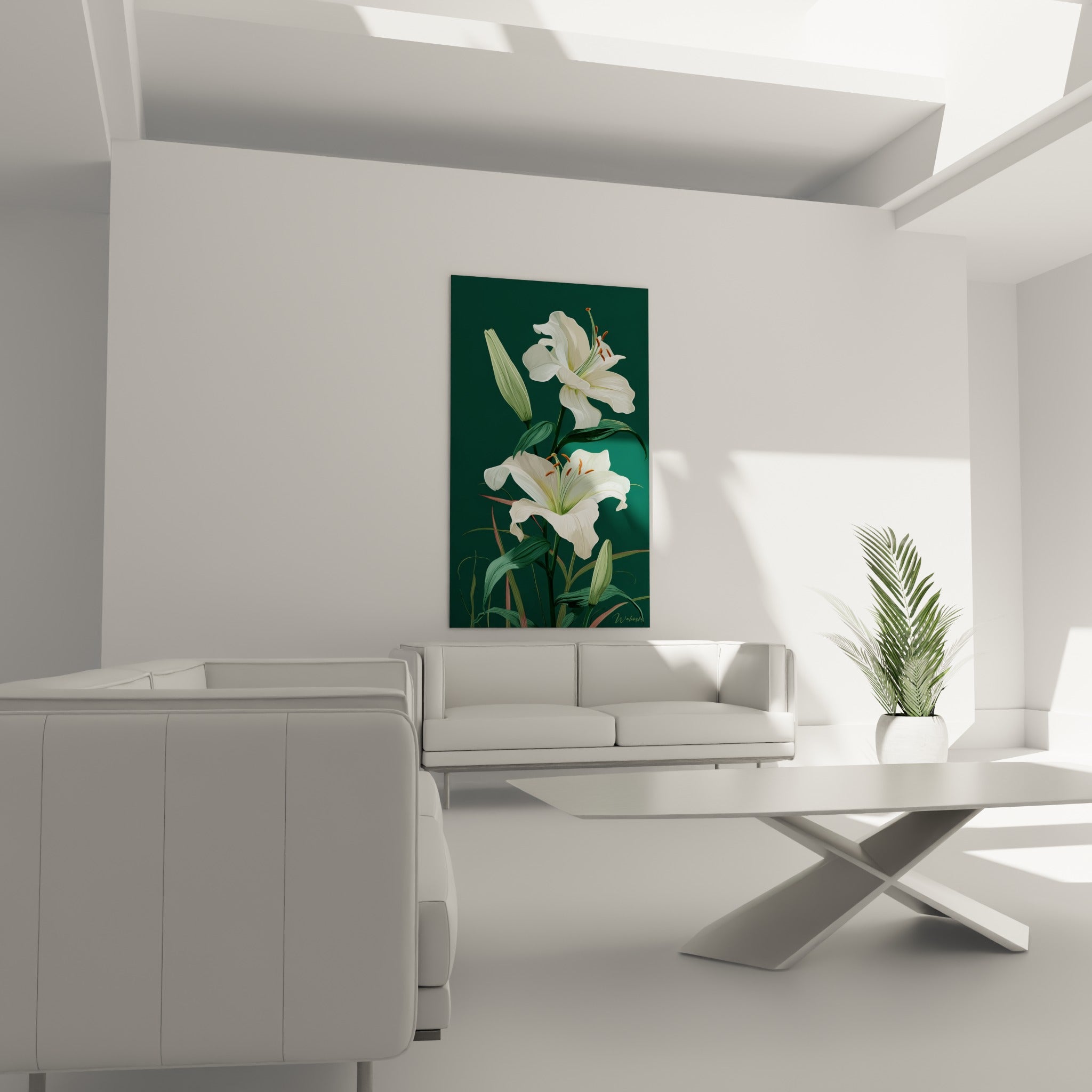 Pétales blanc nacré et feuillage émeraude d'un lys délicat, disposés au-dessus d'un canapé dans un salon lumineux
