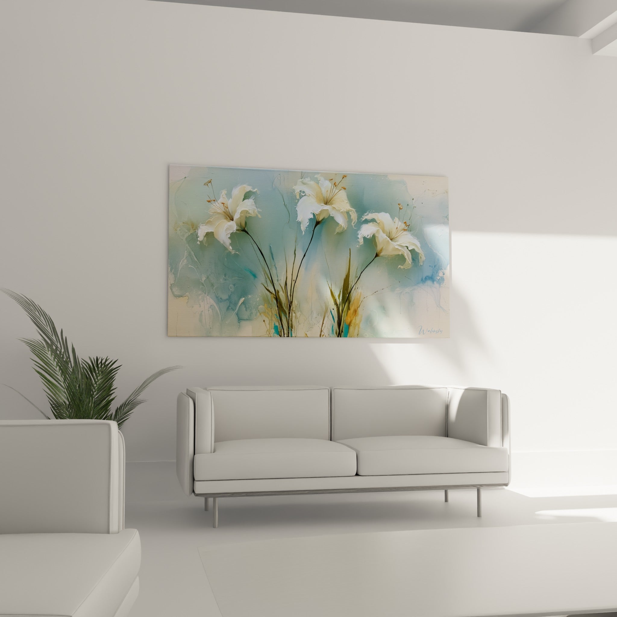 Pétales de lys blancs et touches ocre suspendus au-dessus d'un canapé dans un salon lumineux