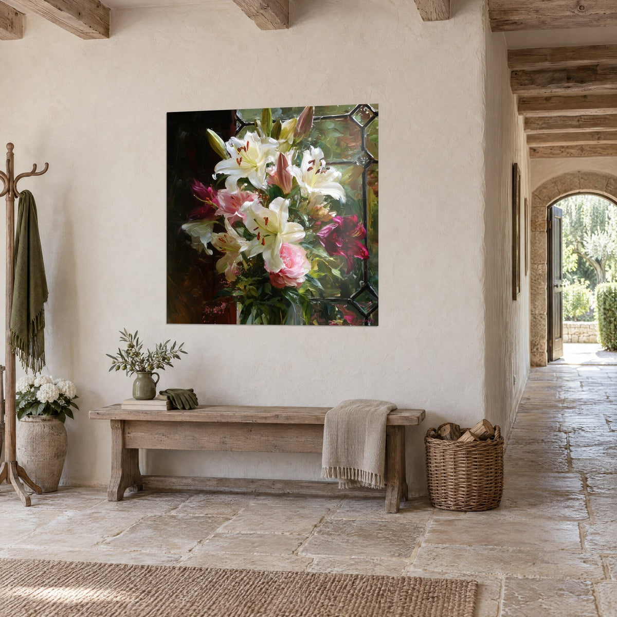 Tableau gerbe de lys crème et roses pâles, fond vert et plomb noir, accroché dans un couloir en pierre voûté