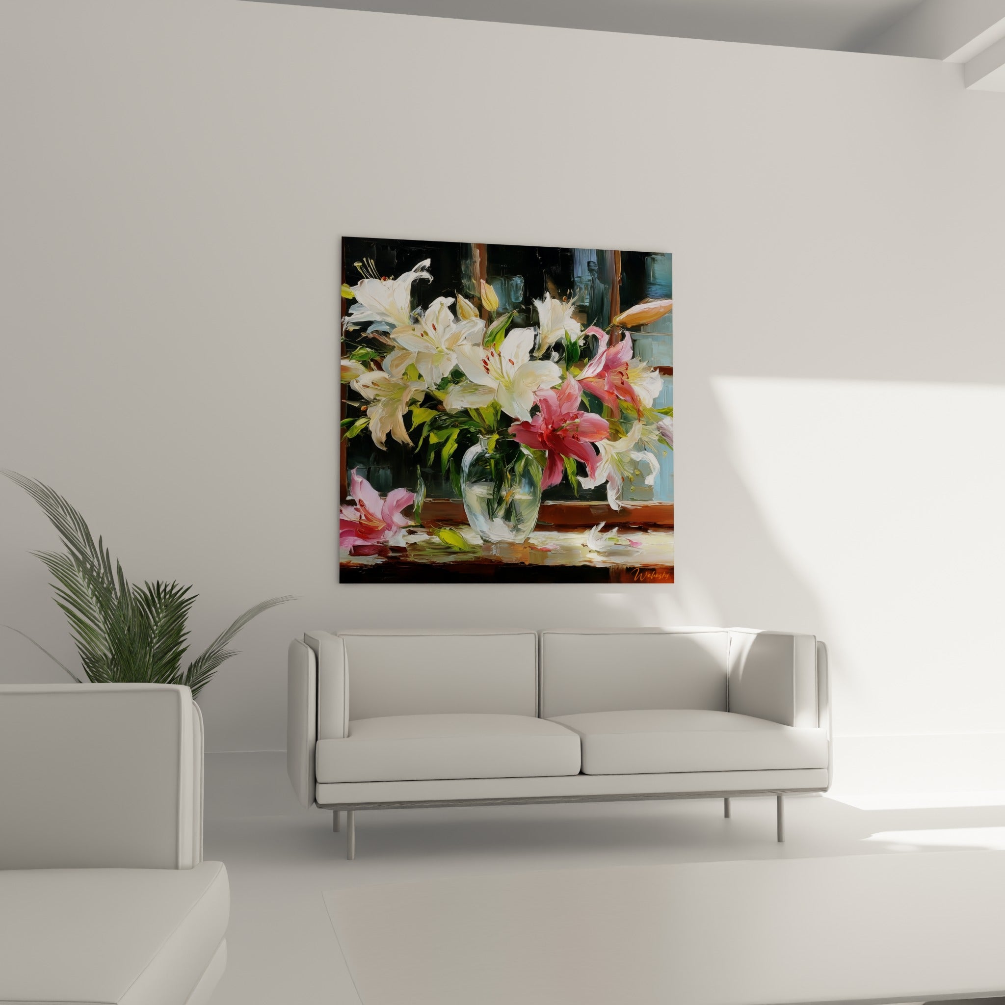 Lys aux pétales roses et blancs disposés au-dessus d'un canapé dans un salon lumineux