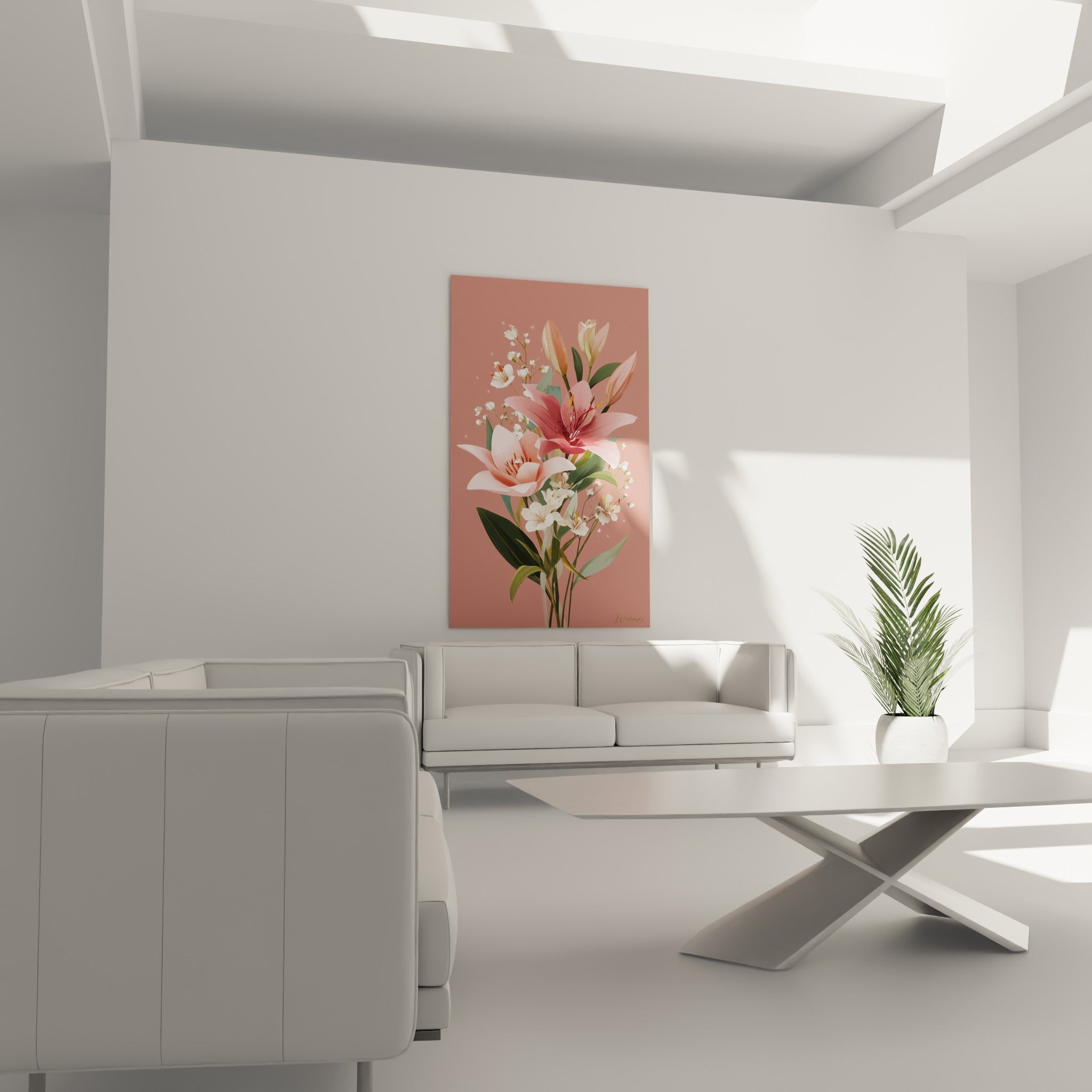 Fleurs de lys rose pâle et bordeaux disposées au-dessus d'un canapé dans un salon lumineux