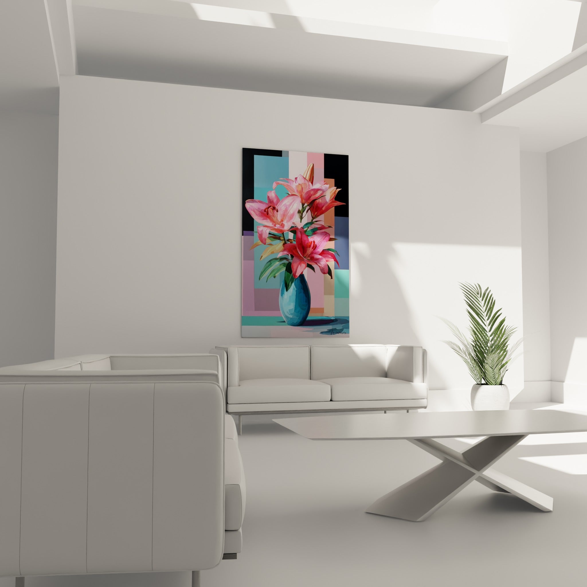 Fleurs de lys rouge et rose vif dans un vase bleu au-dessus d'un canapé dans un salon lumineux