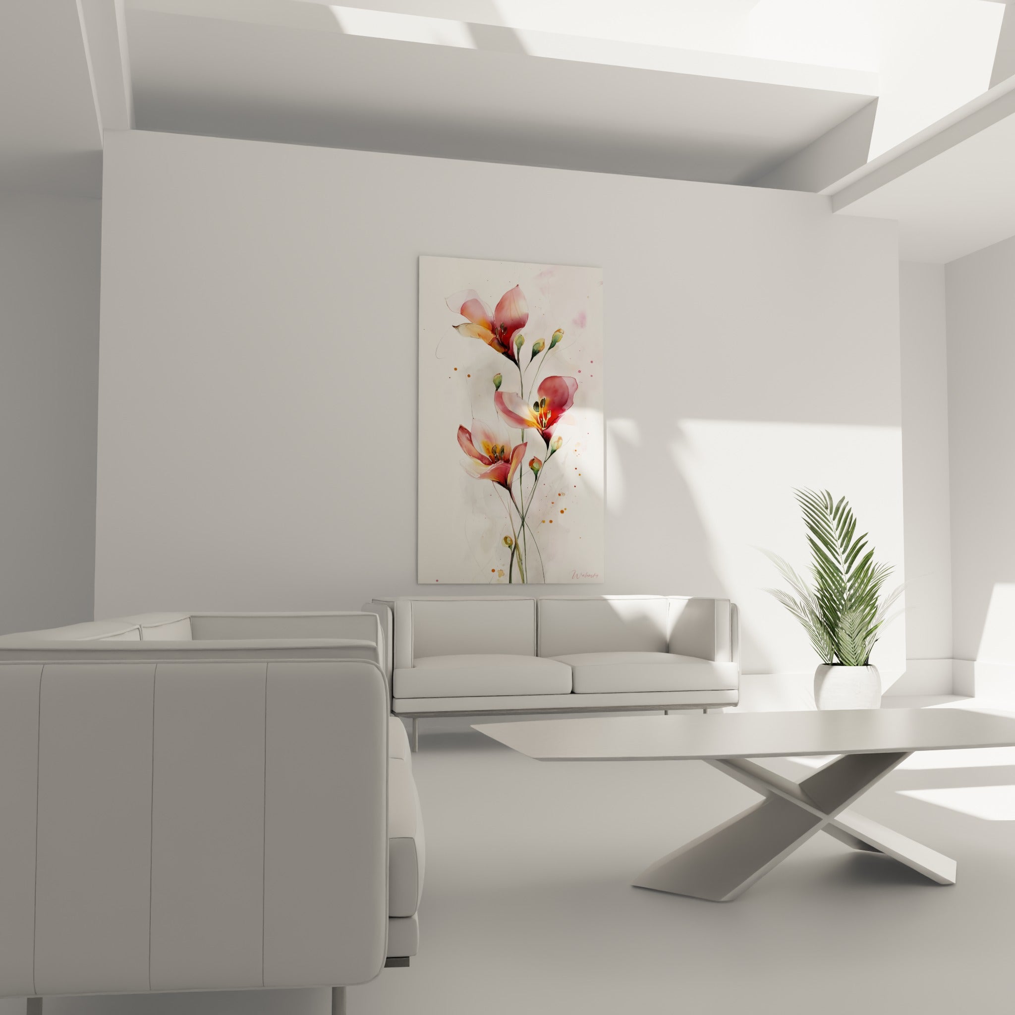 Lys corail aux pistils dorés se déployant, positionné au-dessus d'un canapé dans un salon lumineux