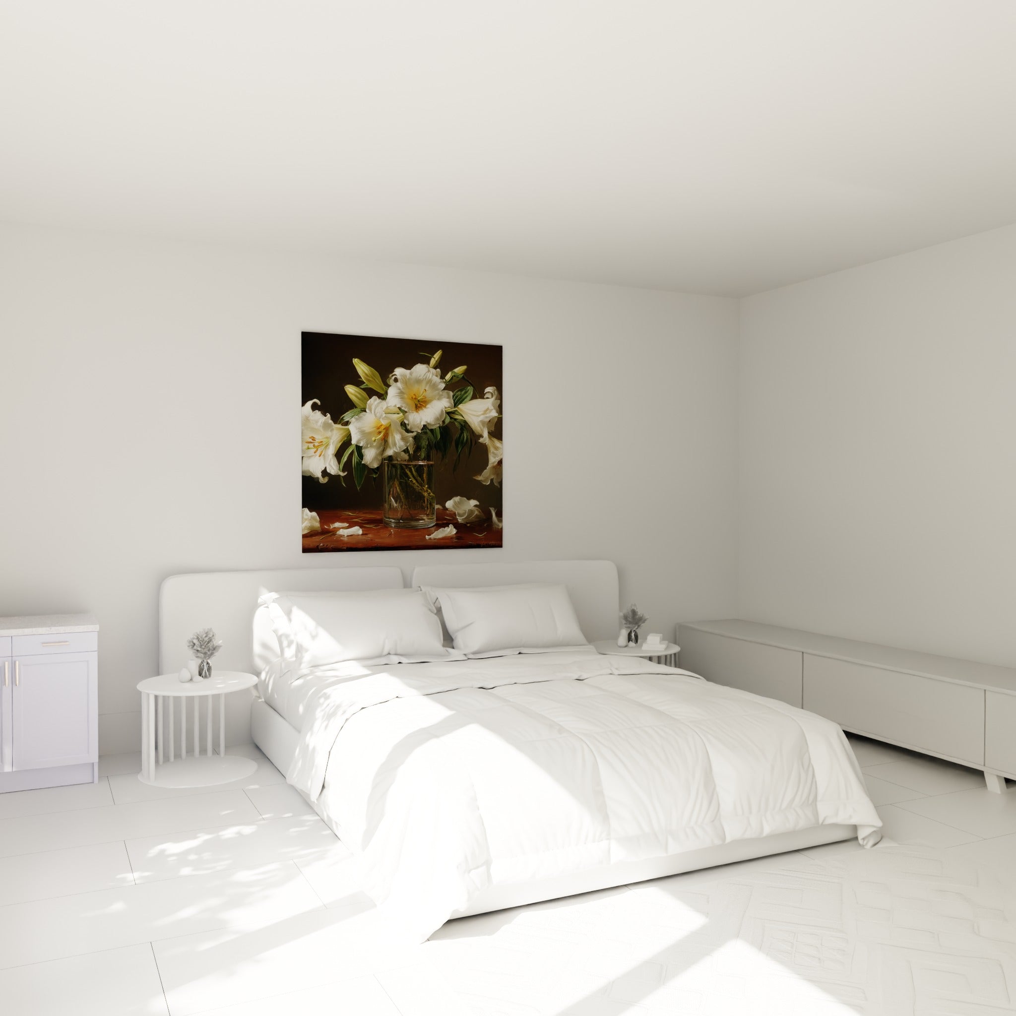 Bouquet de lys blancs et verts, pétales tombés, accroché au-dessus d'un lit dans une chambre claire