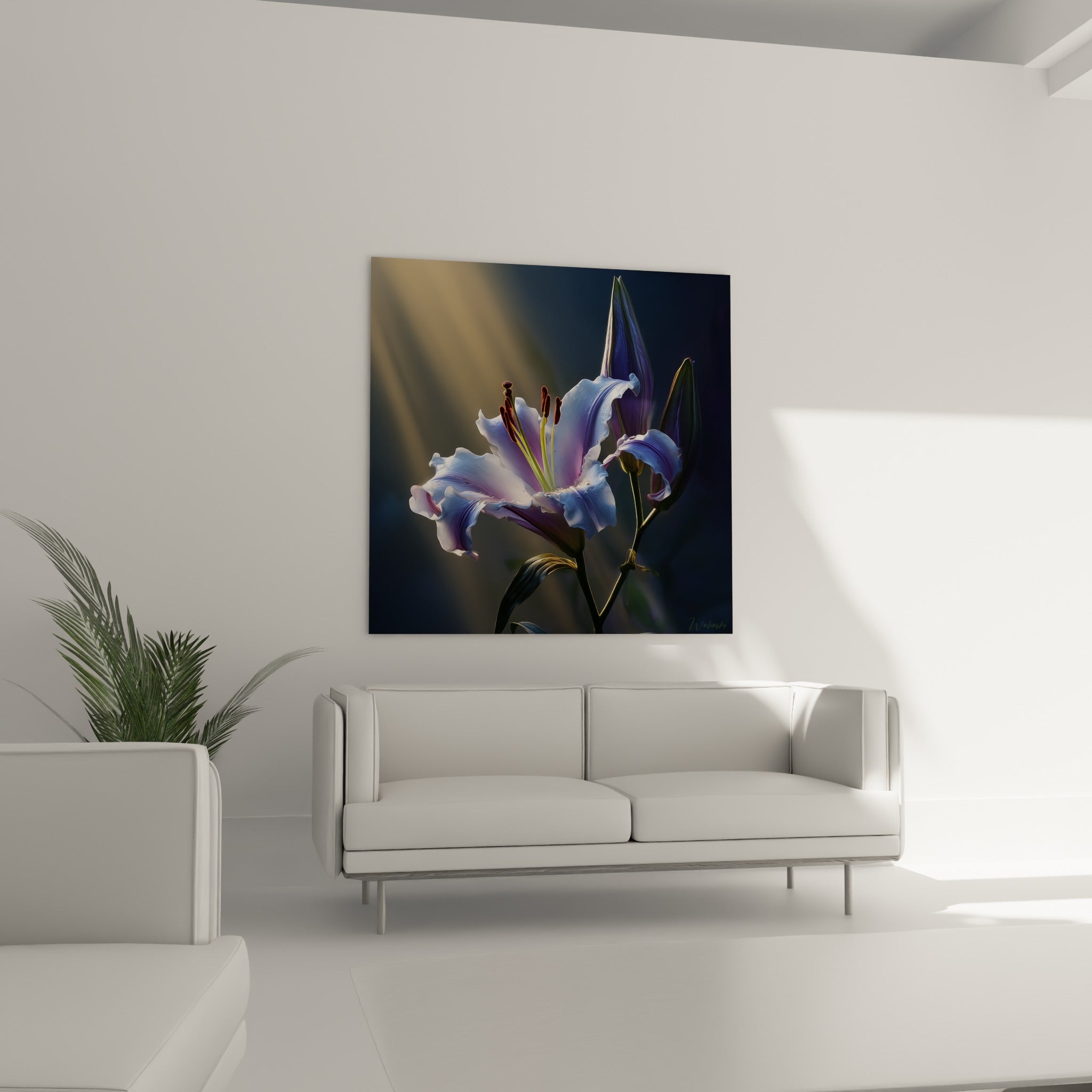 Pétales de lys mauve et bleu pastel veloutés disposés au-dessus d'un canapé dans un salon lumineux