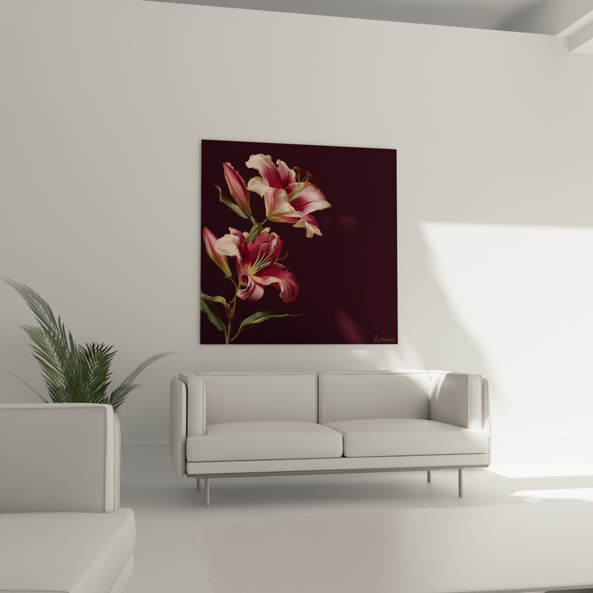 Corolles de lys pourpre et rose accrochées au-dessus d'un canapé dans un salon lumineux