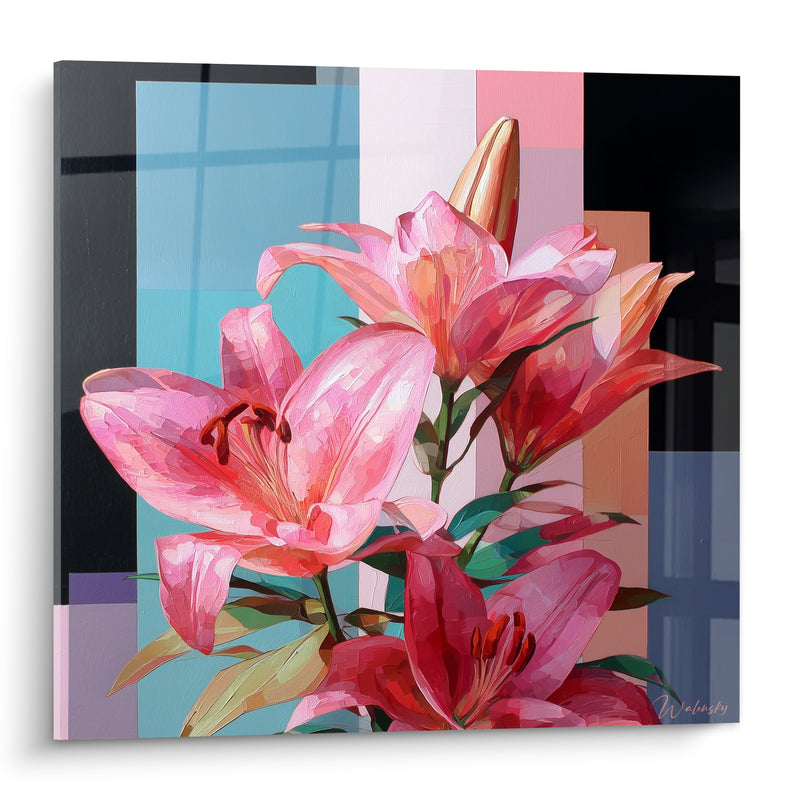 Tableau Lys roses et pourpres à fond géométrique - Éclosion matinale - Edition Lys