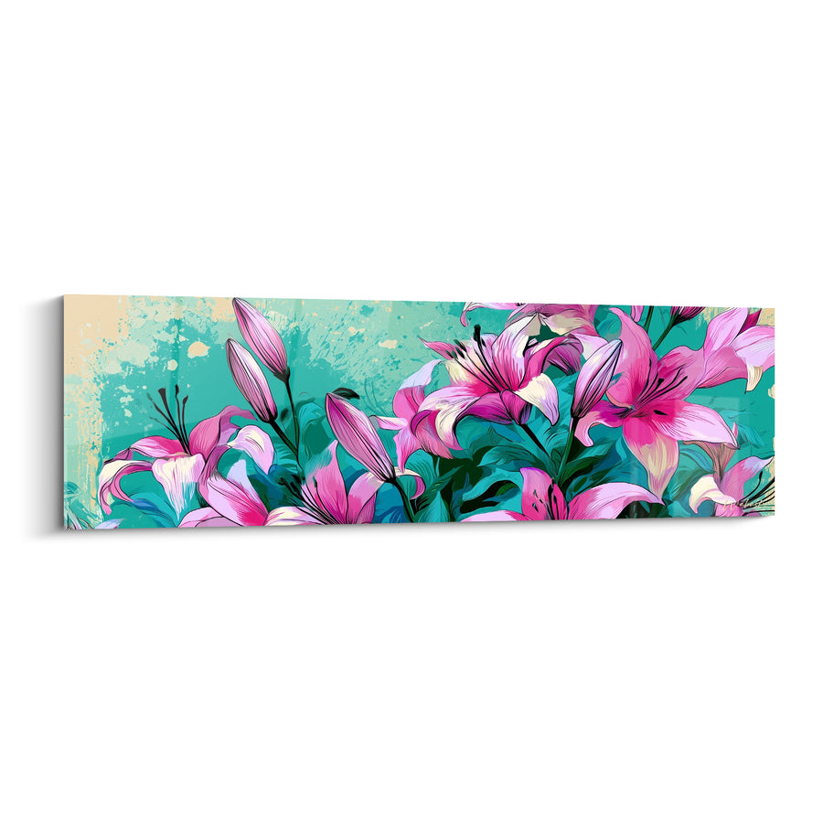 Pink Lily and Turquoise Painting with Black Filaments - Beige Paint Splashes - Lys Edition