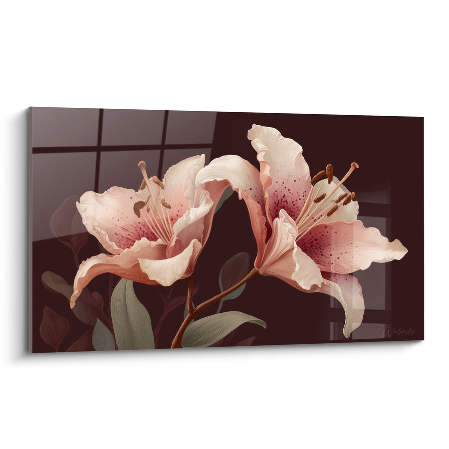 Pink Lily Painting on Deep Brown Background - Tender Confidence - Lys Edition