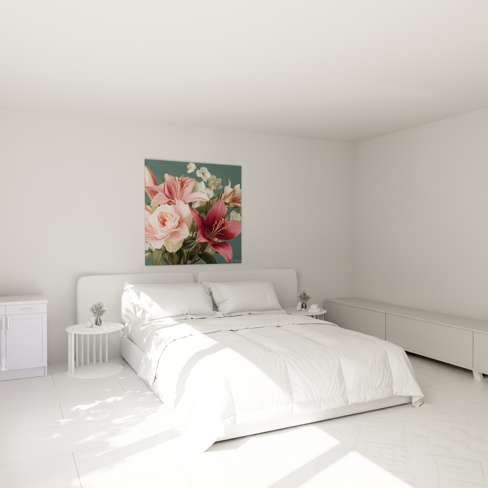 Lys rose tendre aux étamines orangées, disposé au-dessus d'un lit dans une chambre claire