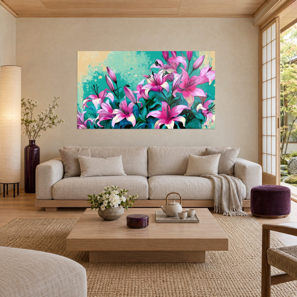 Tableau lys roses aux pétales ivoire sur fond turquoise et sable, au-dessus d'un canapé dans un salon lumineux