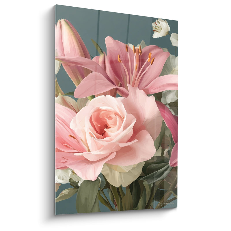 Tableau Lys rose et blanc près d'une rose épanouie - Fond bleu ardoise - Edition Lys