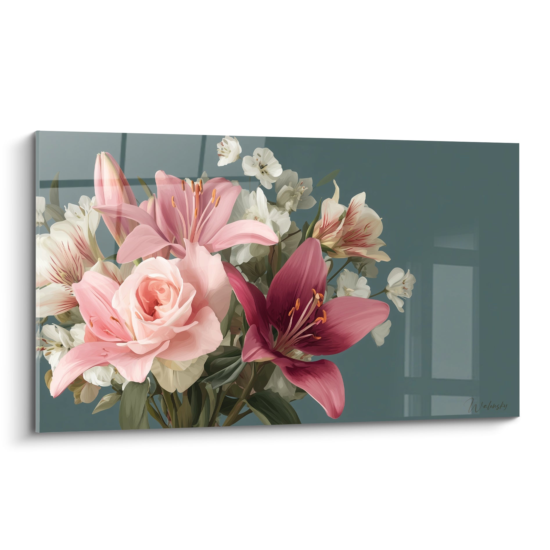 Lys rose poudré et bordeaux en bouquet, pétales délicats sur fond gris-bleu épuré