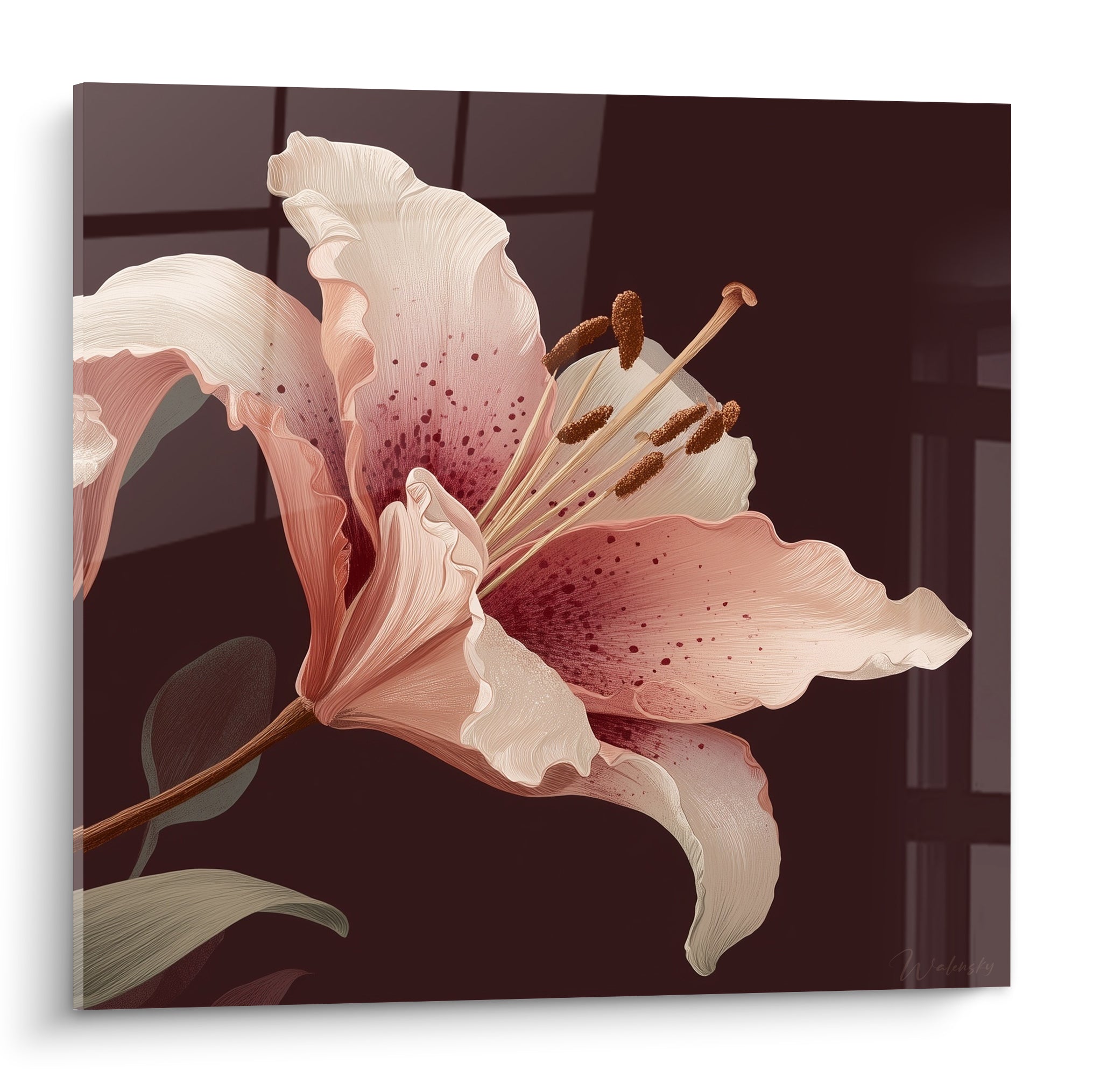 Lys aux pétales rose poudré et cœur bordeaux, fond brun anthracite, étamines détaillées