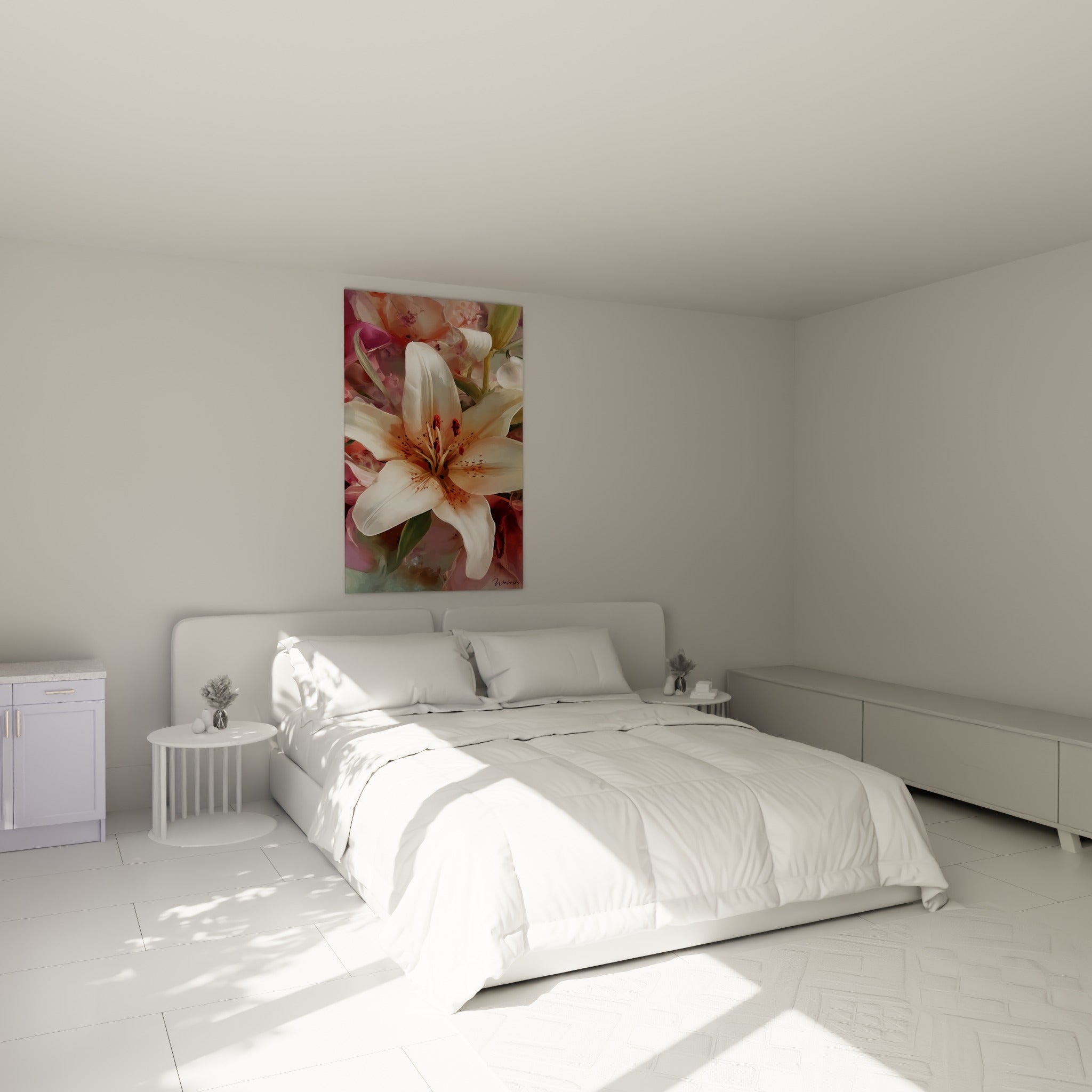 Pétales blancs et roses du lys peint au-dessus d'un lit dans une chambre claire