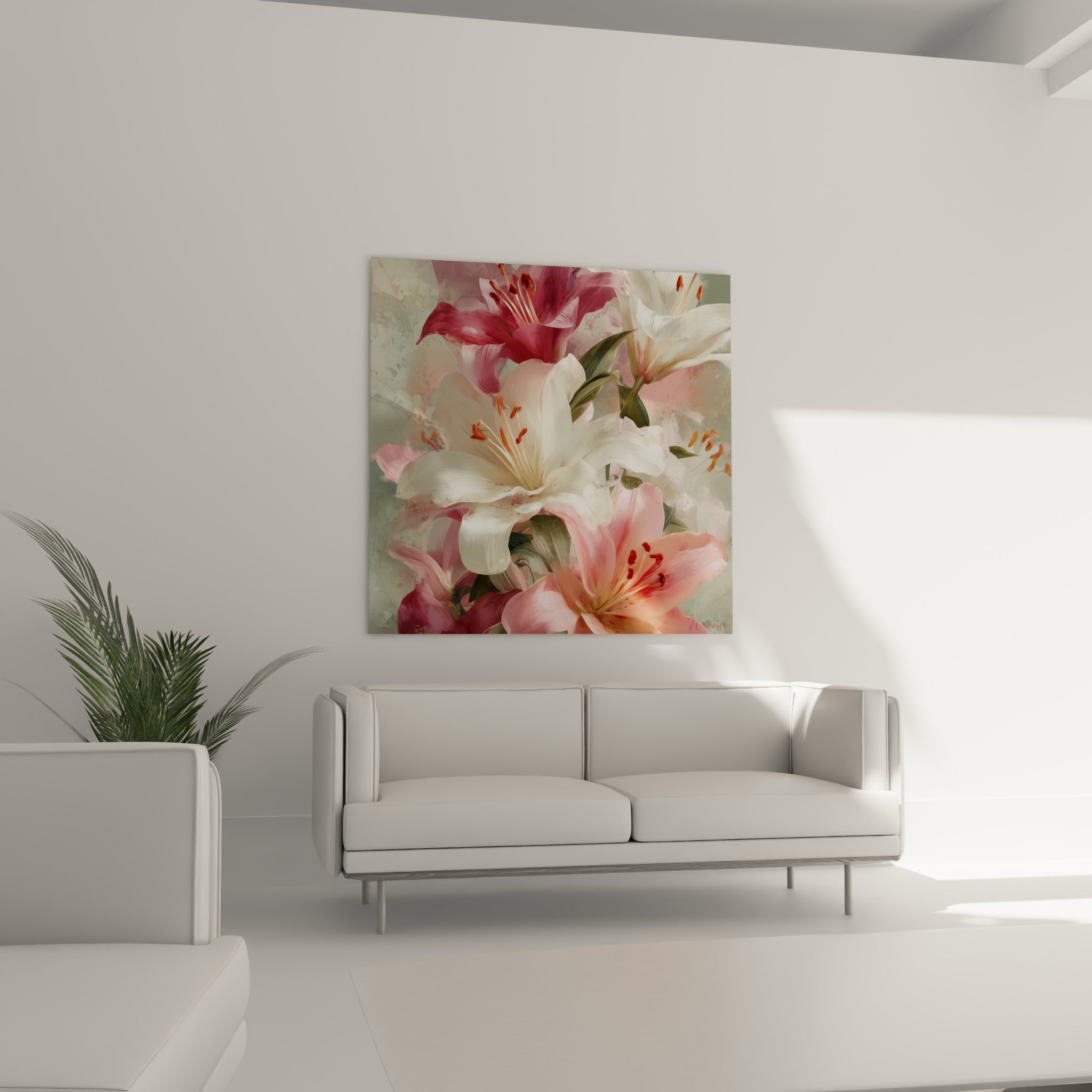 Bouquet de lys pourpres et blancs aux étamines orangées au-dessus d'un canapé dans un salon lumineux