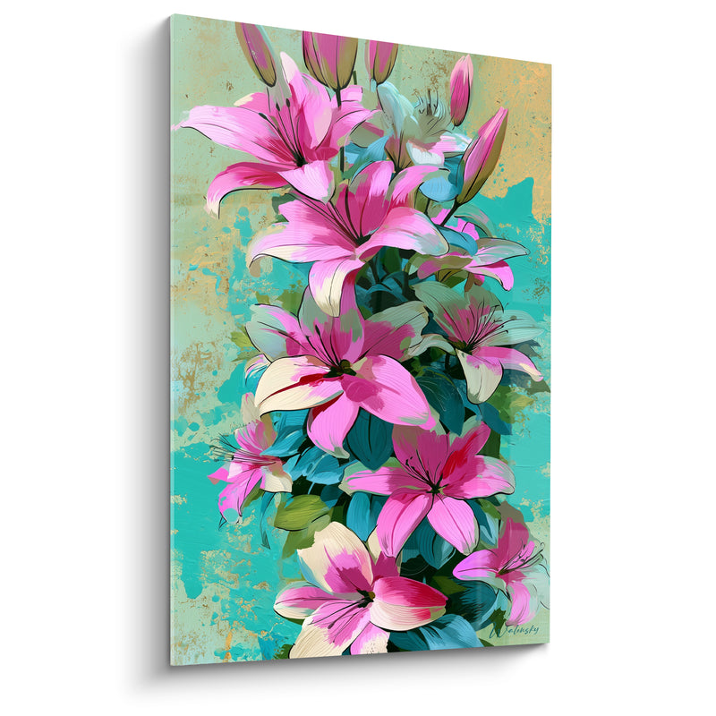 Tableau Lys rose et turquoise en cascade fleurie - Fond doré éclaboussé - Edition Lys
