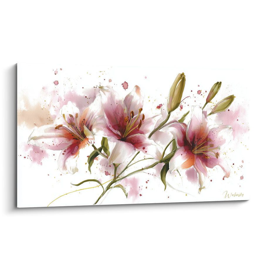 White and Pink Lily Painting with Watercolor Splashes - Closed Elongated Buds - Lily Edition