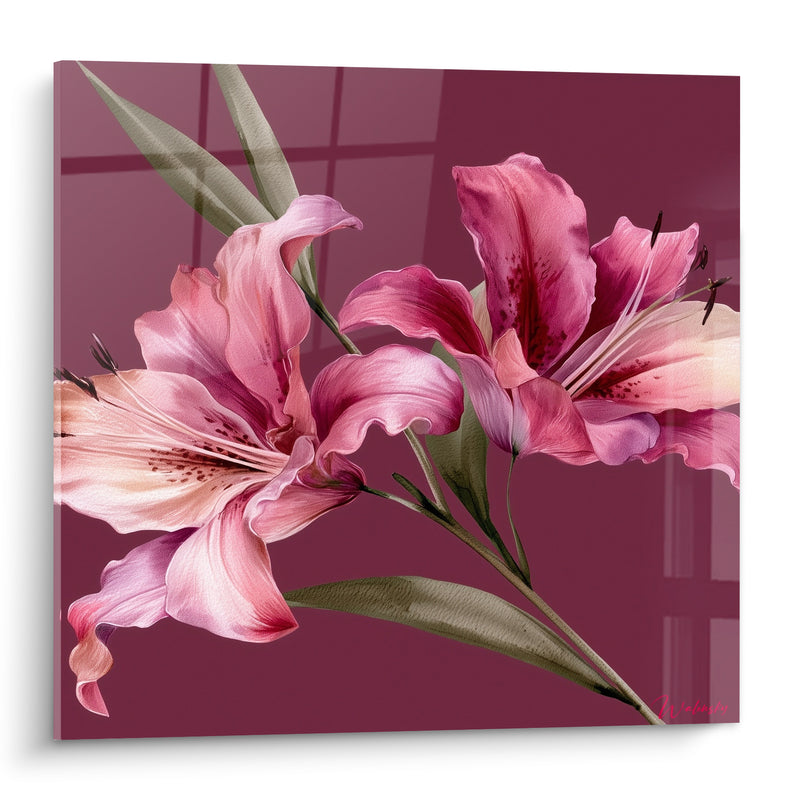 Tableau Lys roses sur fond bordeaux - Floraison veloutée - Edition Lys