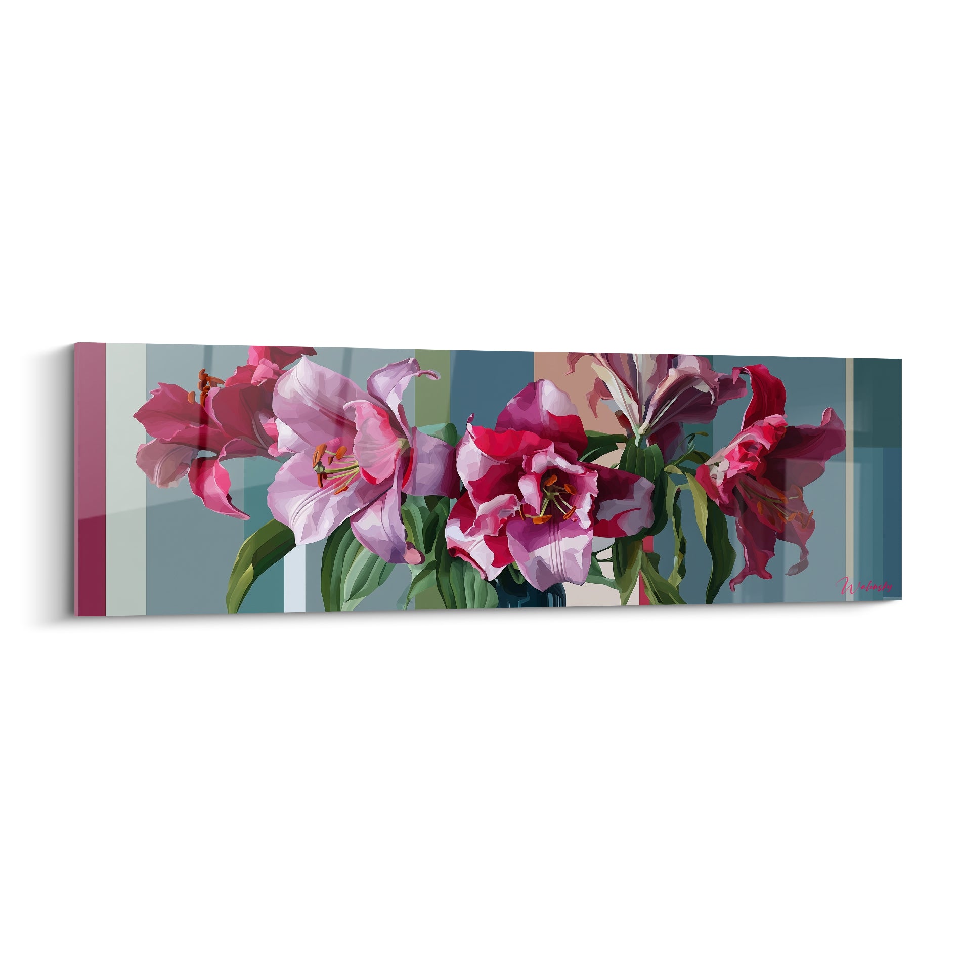 Lys roses aux pétales déployés sur fond bleu ardoise à bandes verticales, style graphique et floral