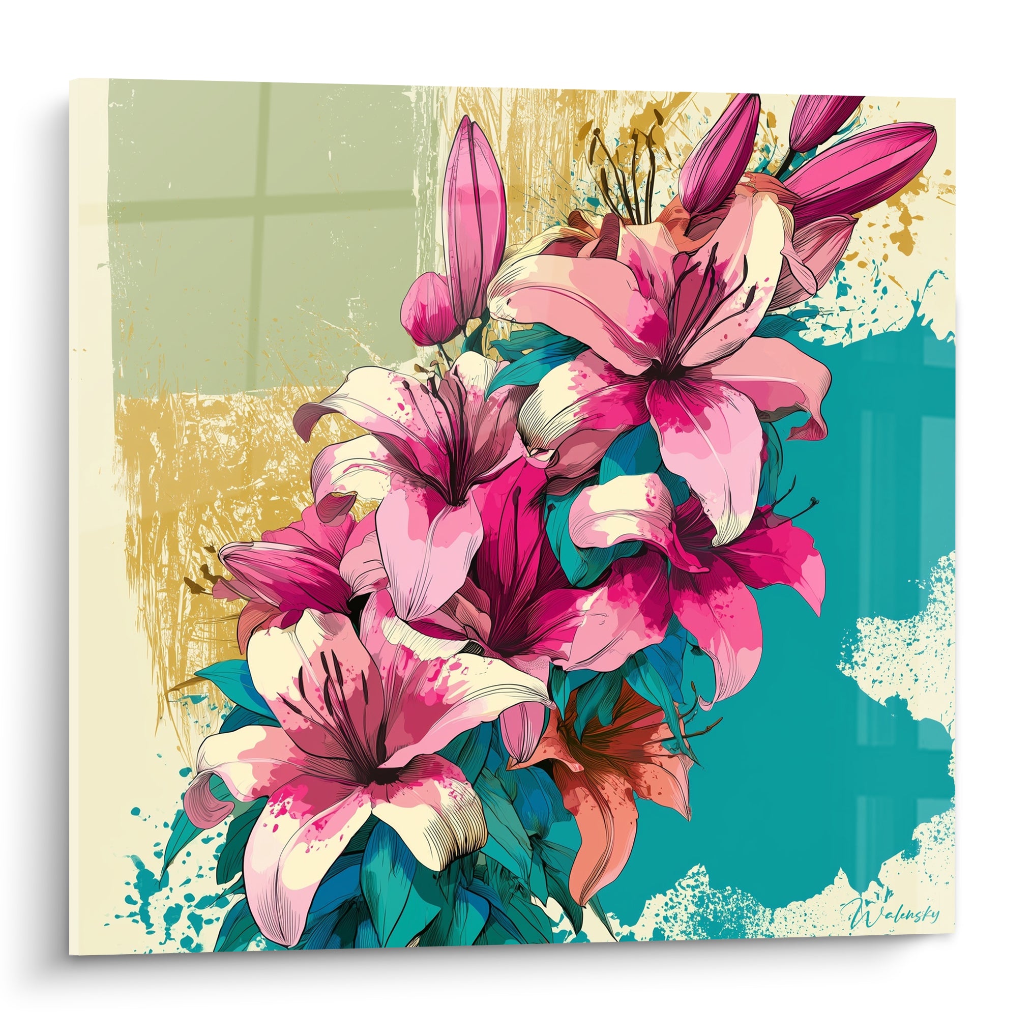 Bouquet de lys roses et blancs sur fond turquoise et doré éclaboussé, traits fins à l'encre