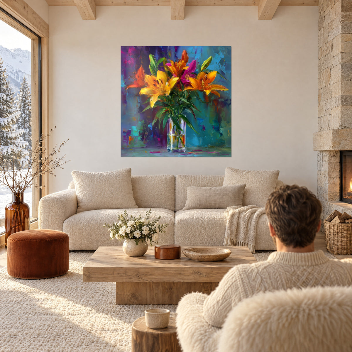 Gemälde mit goldgelben und orangefarbenen Lilien in einer Glasvase vor türkisblauem Hintergrund, über einem Sofa in einem hellen Wohnzimmer