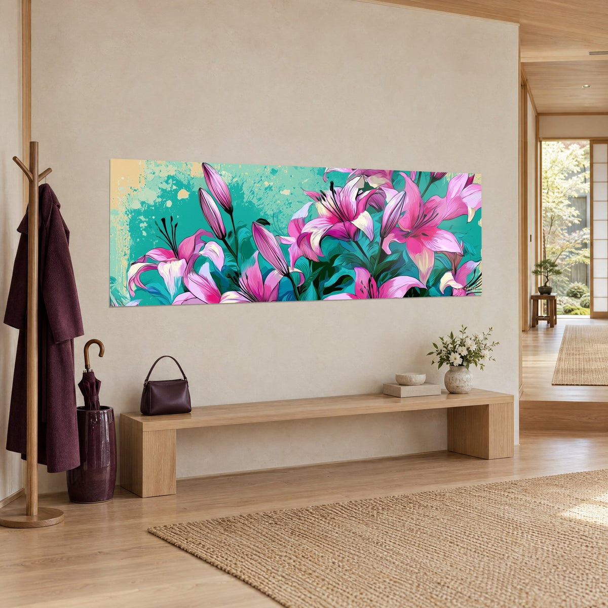 Cuadro de flores de lirio fucsia y capullos alargados sobre fondo turquesa, manchas beige, encima de un banco de madera clara