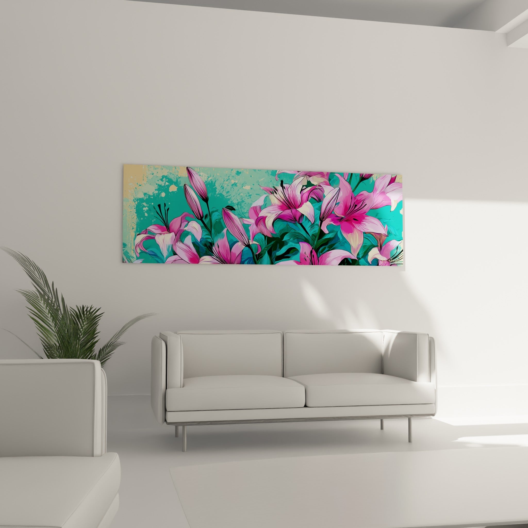 Fleurs de lys roses aux détails noirs marqués au-dessus d'un canapé dans un salon lumineux