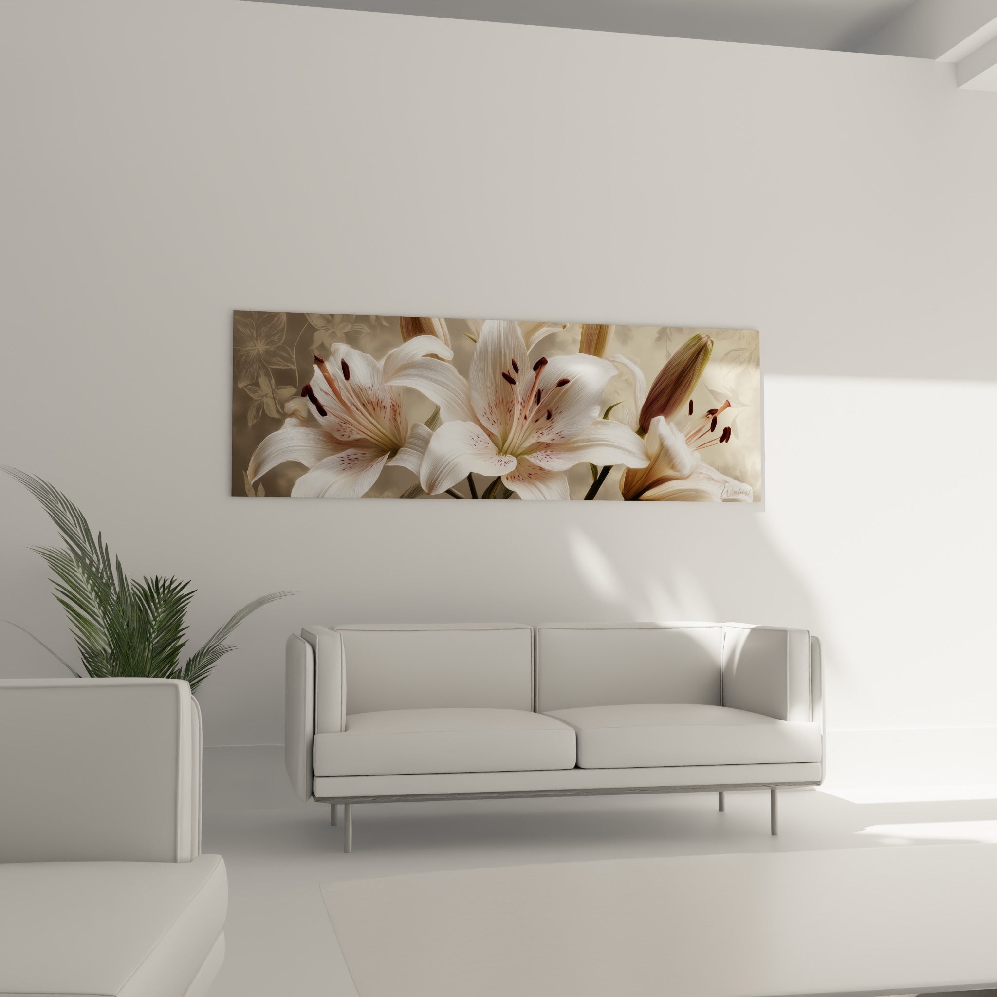 Fleurs de lys ivoire aux reflets pourpres suspendues au-dessus d'un canapé dans un salon lumineux