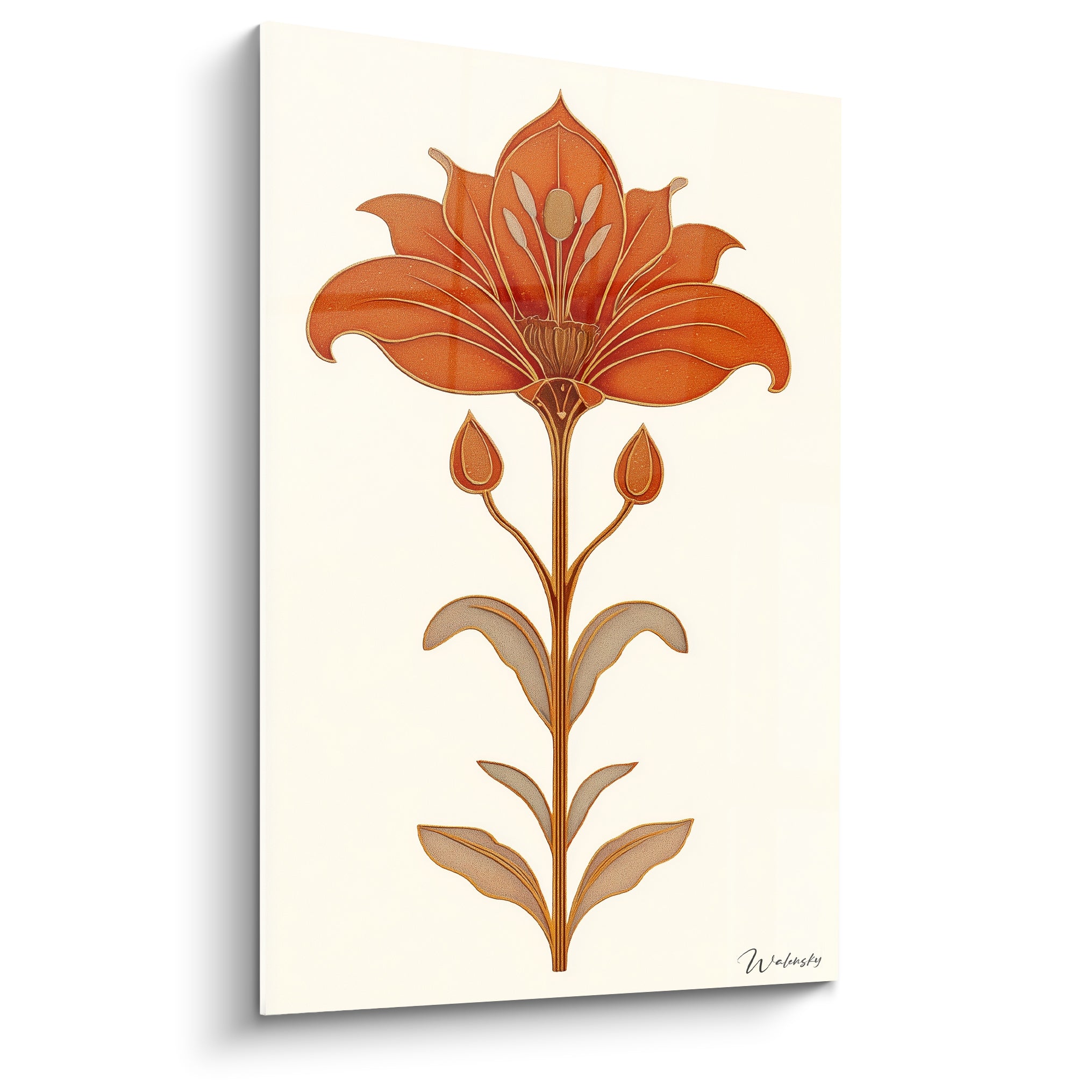 Fleur de lys terracotta aux nervures dorées sur fond ivoire, style botanique stylisé