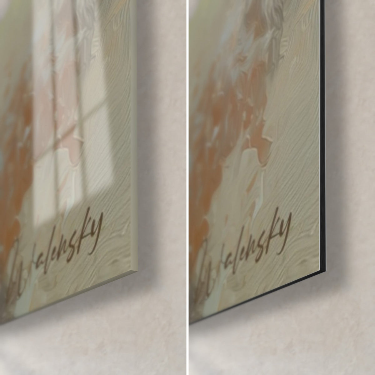 Quadro giglio crema, angolo in basso a destra: vetro acrilico lucido a sinistra, alluminio Dibond opaco a destra, firma bruna e bordo nero