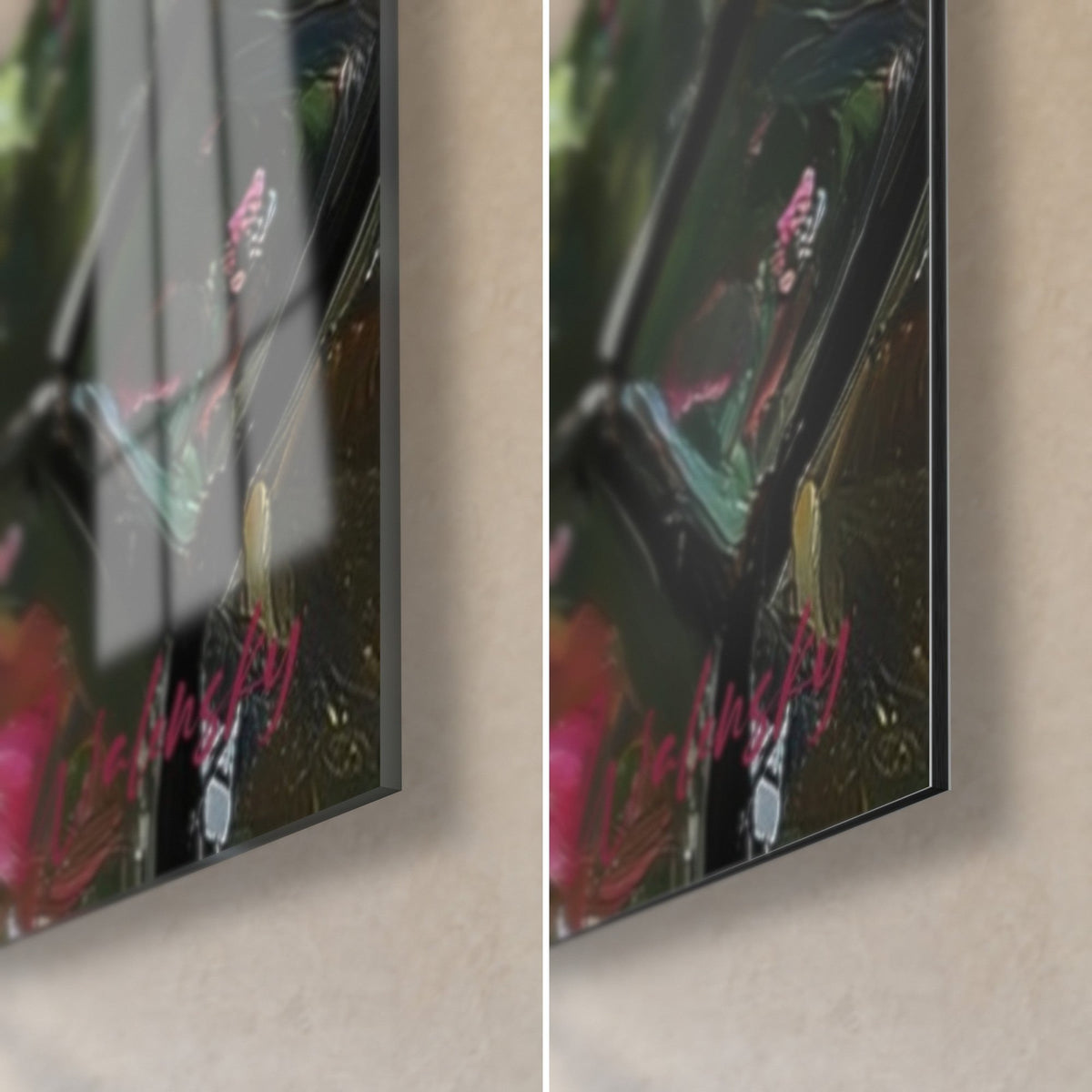 Tableau lys blancs peints à l'huile, pétale rose et fond vert, coin bas droit : verre brillant à gauche, Dibond mat à droite