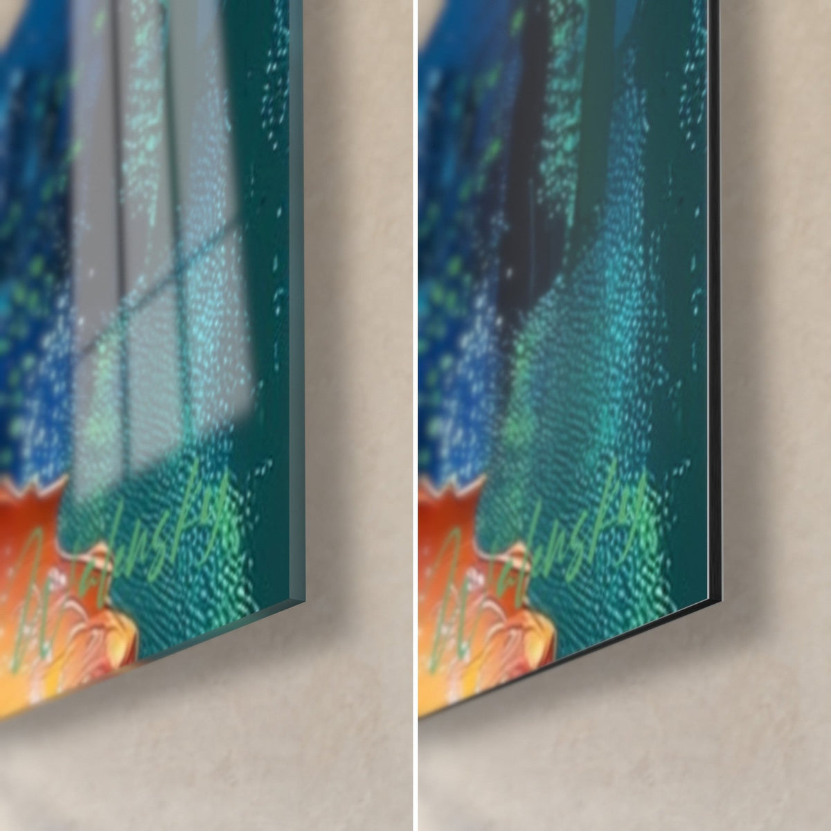 Cuadro lirios naranjas con gotas de rocío, esquina inferior derecha: vidrio acrílico brillante a la izquierda, aluminio Dibond mate a la derecha, canto de 3 mm