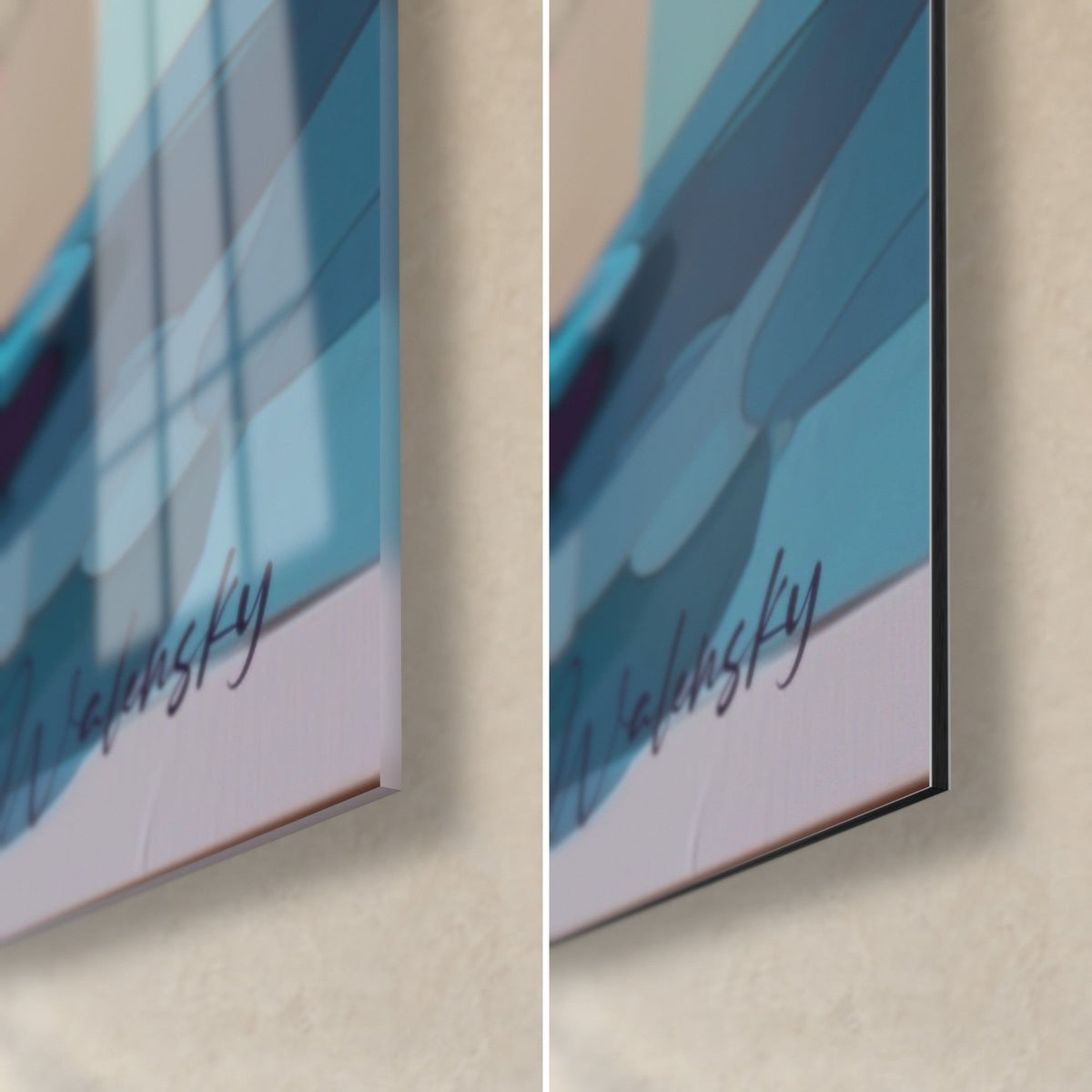 Tableau lys roses sur fond turquoise, coin bas droit : verre acrylique brillant à gauche, alu Dibond mat à droite, tranche de 3 mm