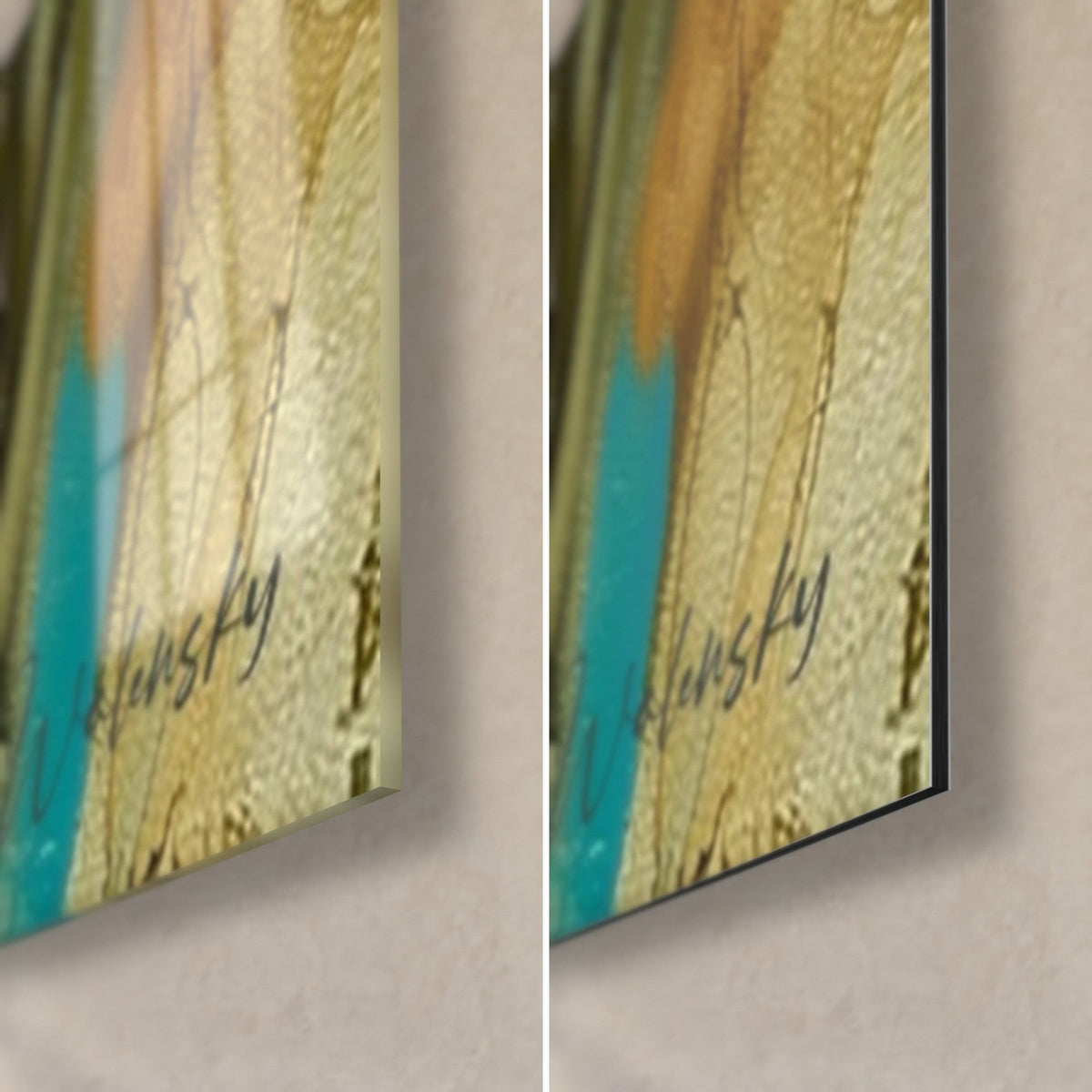 Tableau lis crème à pétales empâtés, coin bas droit turquoise et ocre, signature Walensky, verre brillant et Dibond mat, tranche 3 mm