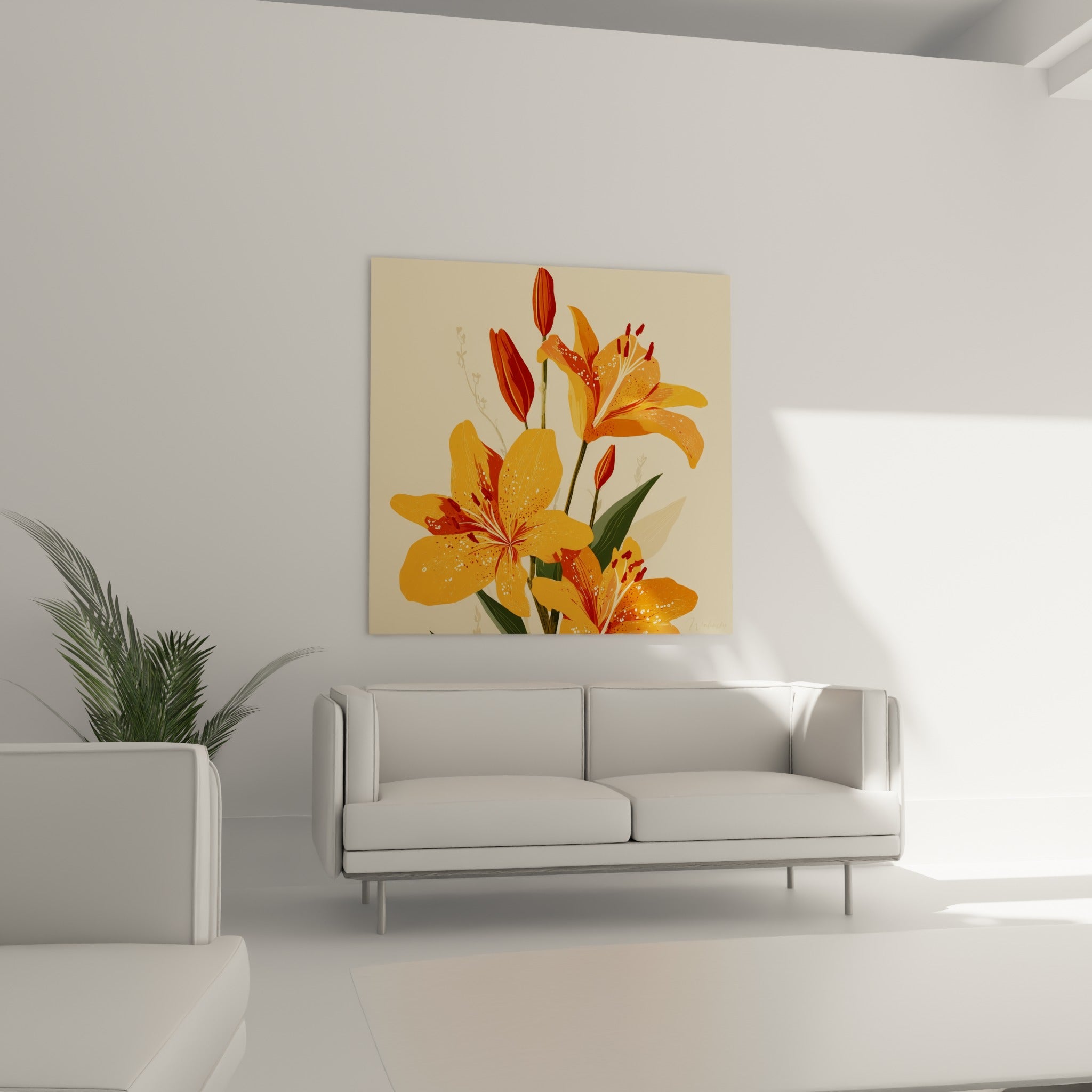 Fleurs de lys orange vif et boutons bordeaux se déployant, disposées au-dessus d'un canapé dans un salon lumineux