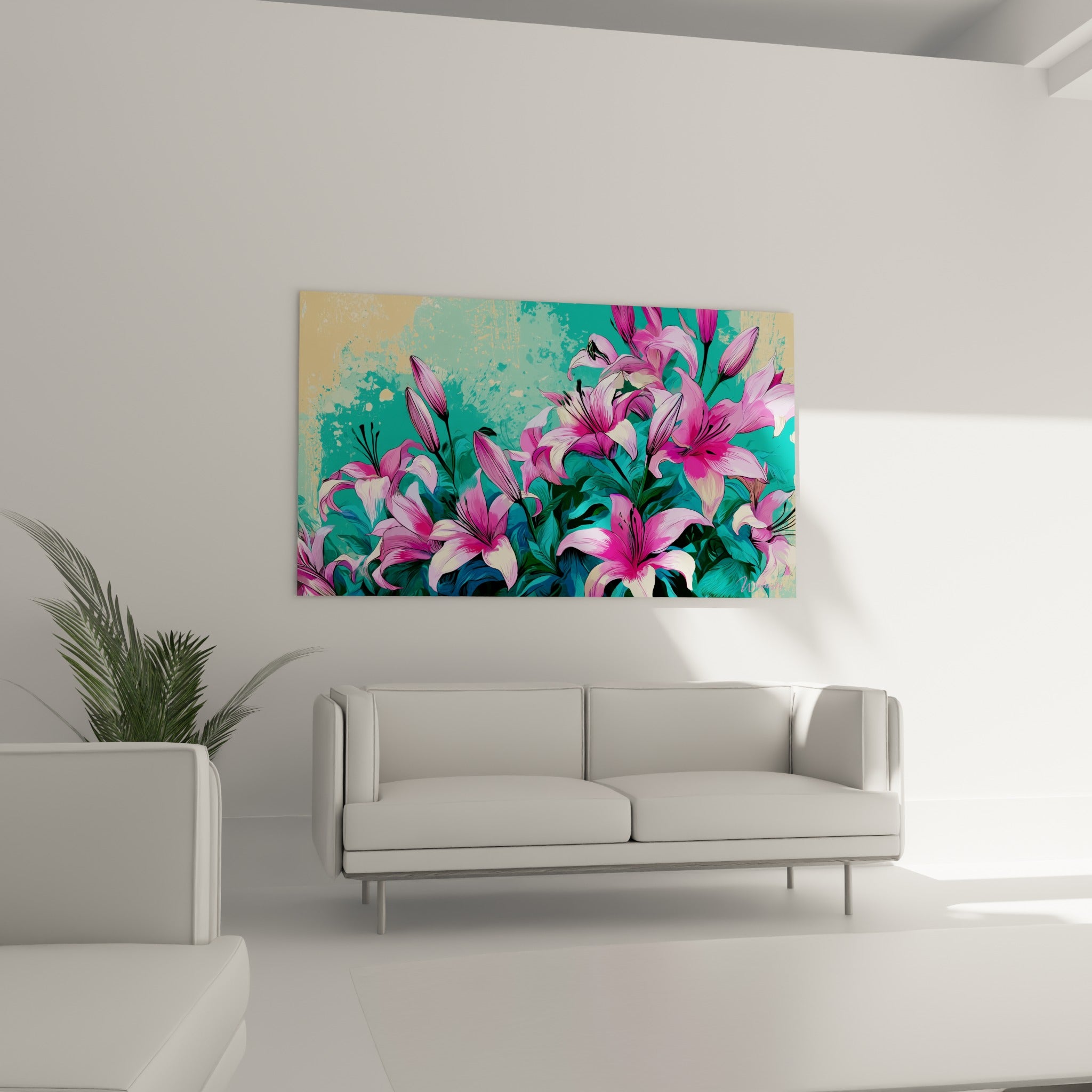 Fleurs de lys roses sur fond turquoise profond suspendues au-dessus d'un canapé dans un salon lumineux
