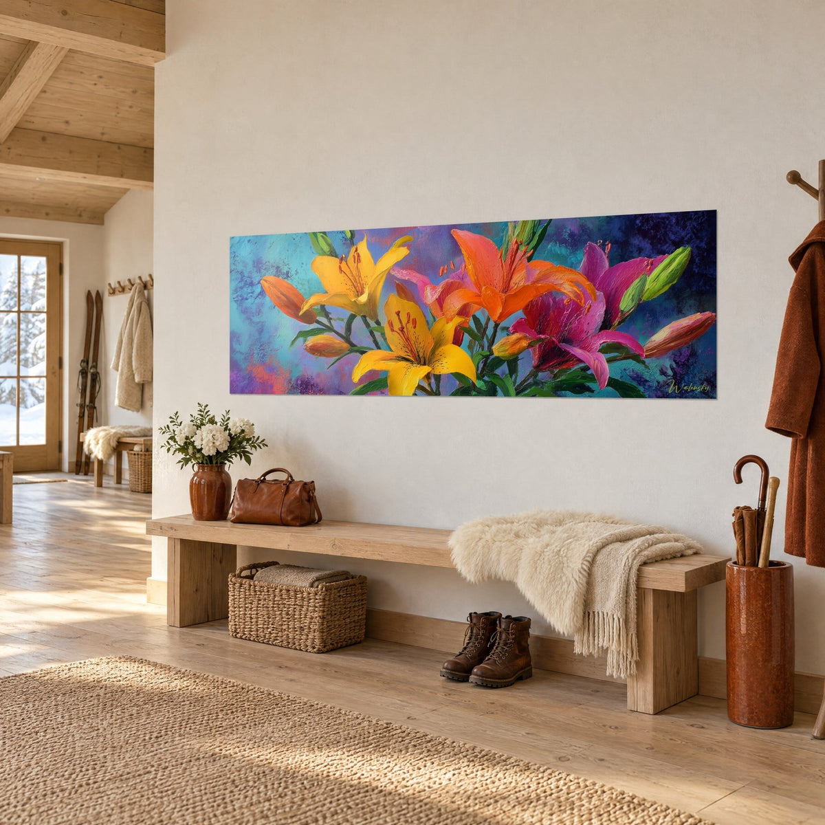 Tableau fleurs de lys pourpres et orangées en pâte épaisse, bleu profond, vue de trois-quarts au-dessus d'un banc de chalet