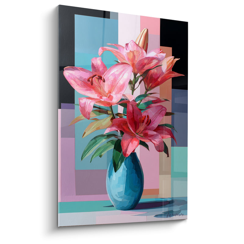 Tableau Lys roses en vase bleu turquoise - Floraison éclatante - Edition Lys