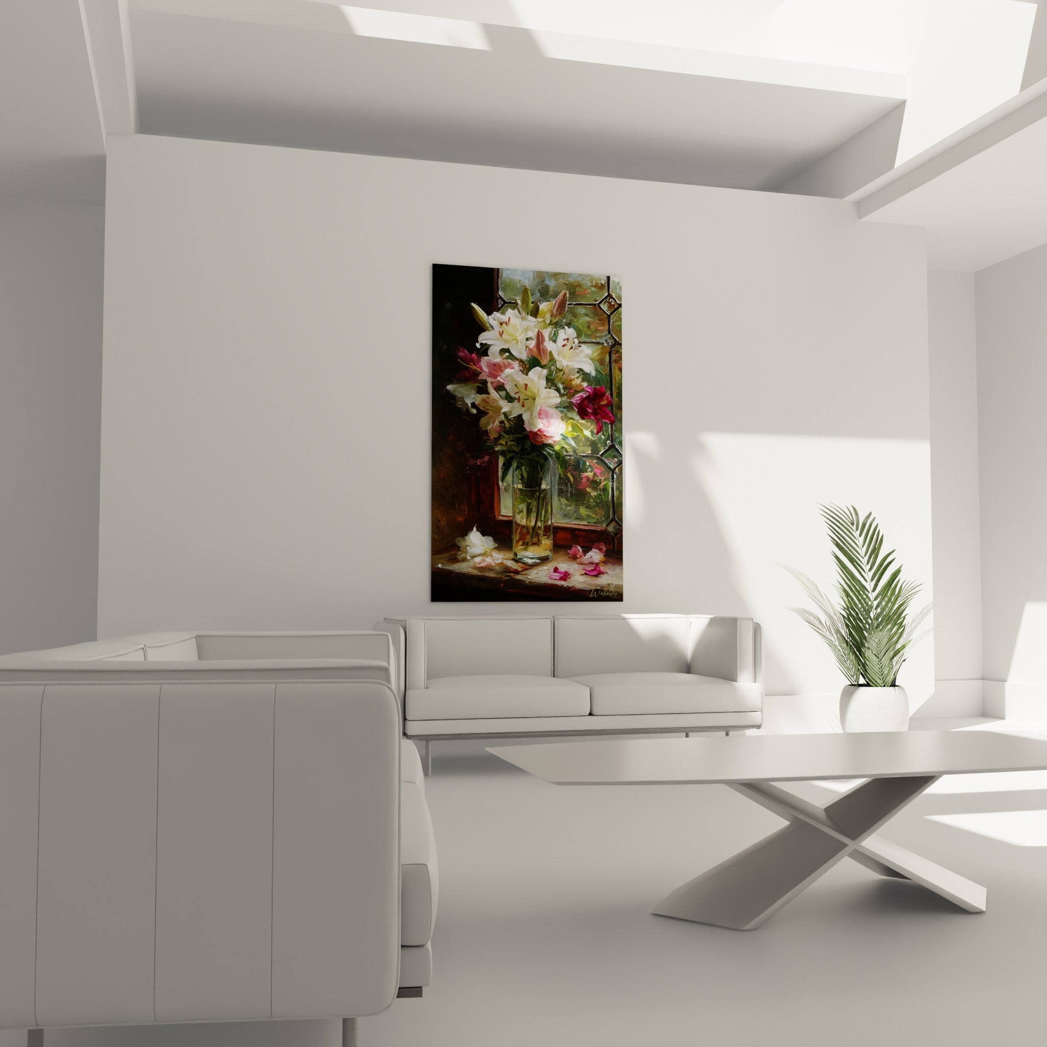 Fleurs de lys ivoire et roses roses dans un vase transparent, au-dessus d'un canapé dans un salon lumineux