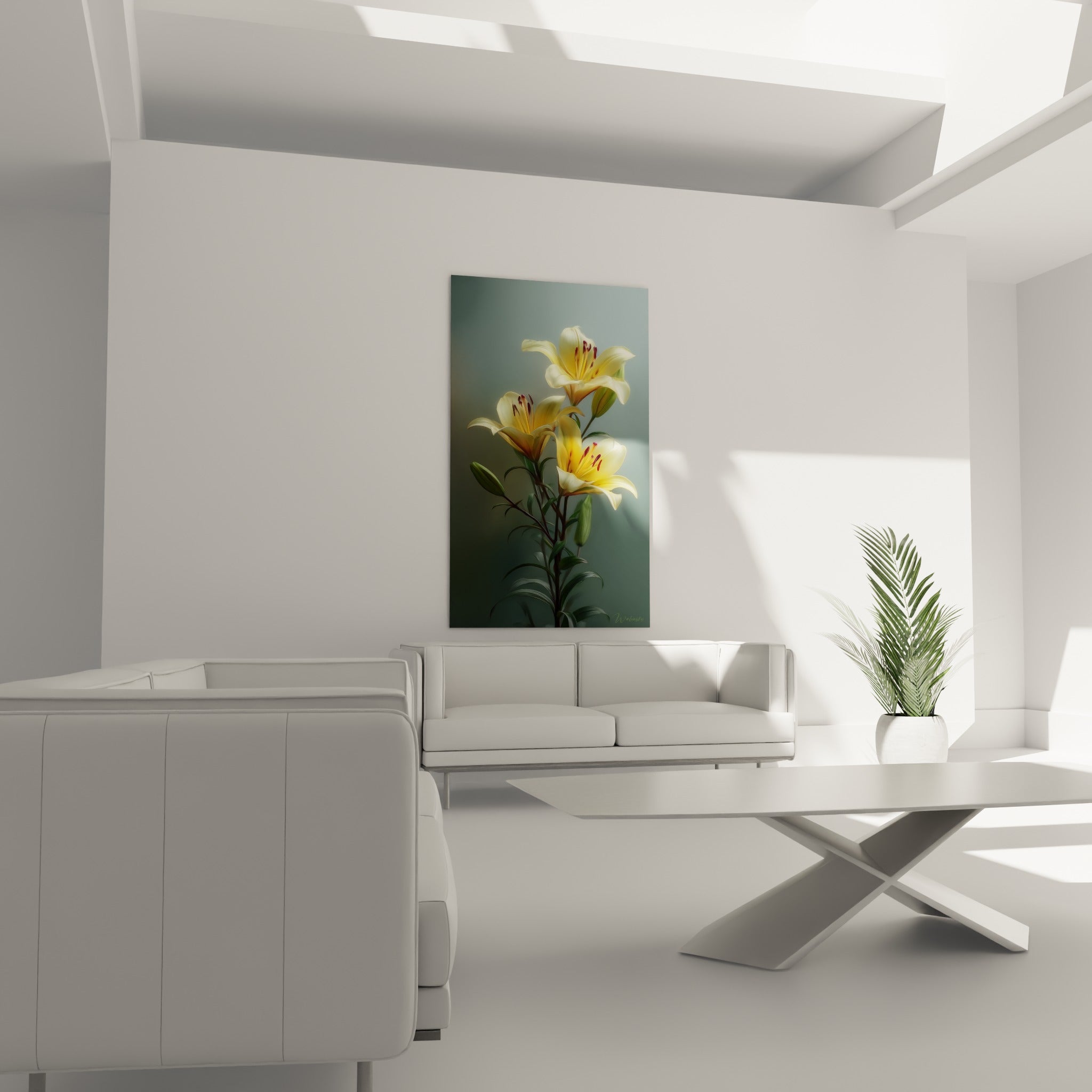 Fleurs de lys jaune pâle et tiges vertes surplombent un canapé dans un salon lumineux