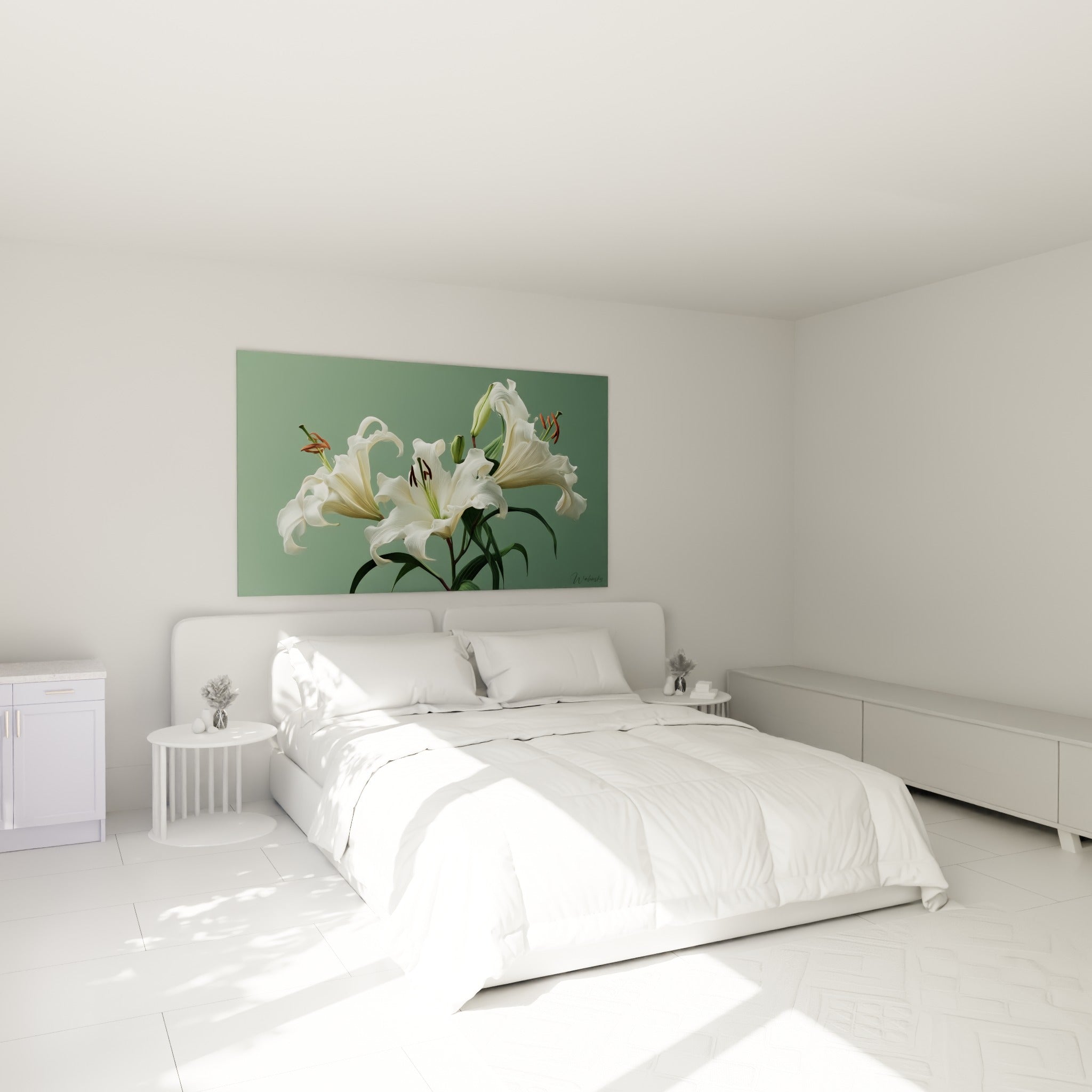 Fleurs de lys blanc et vert sauge accrochées au-dessus d'un lit dans une chambre claire