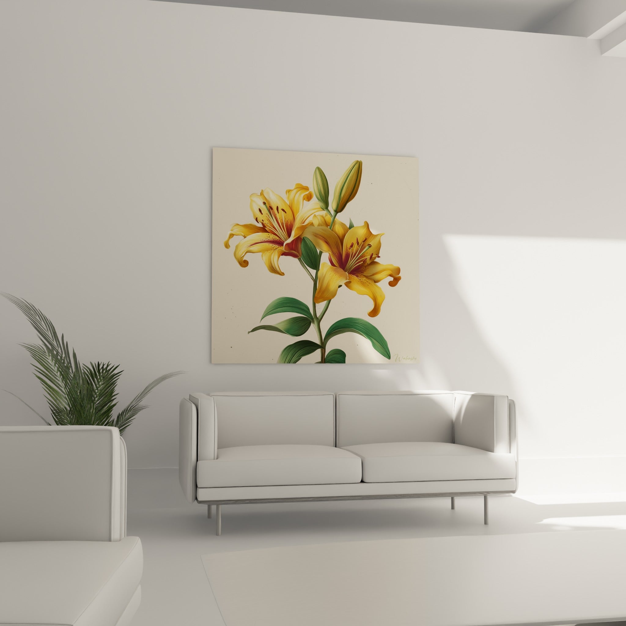 Composition florale jaune safran et vert sauge au-dessus d'un canapé dans un salon lumineux