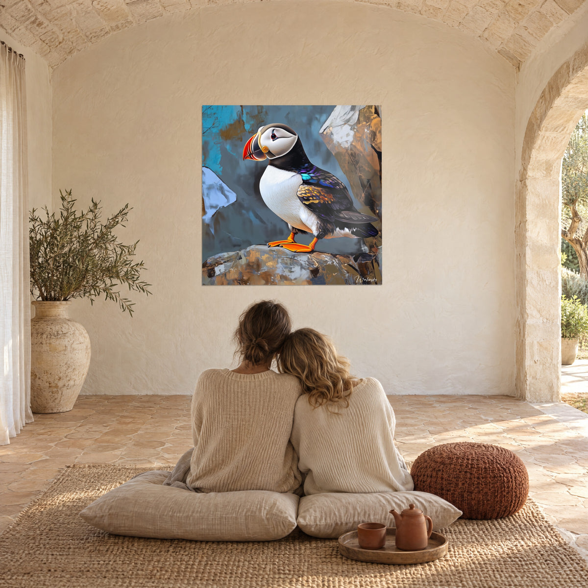 Quadro pulcinella di mare dal piumaggio iridescente, roccia ramata e pietra azzurrognola, di fronte a una coppia seduta schiena contro schiena su cuscini beige