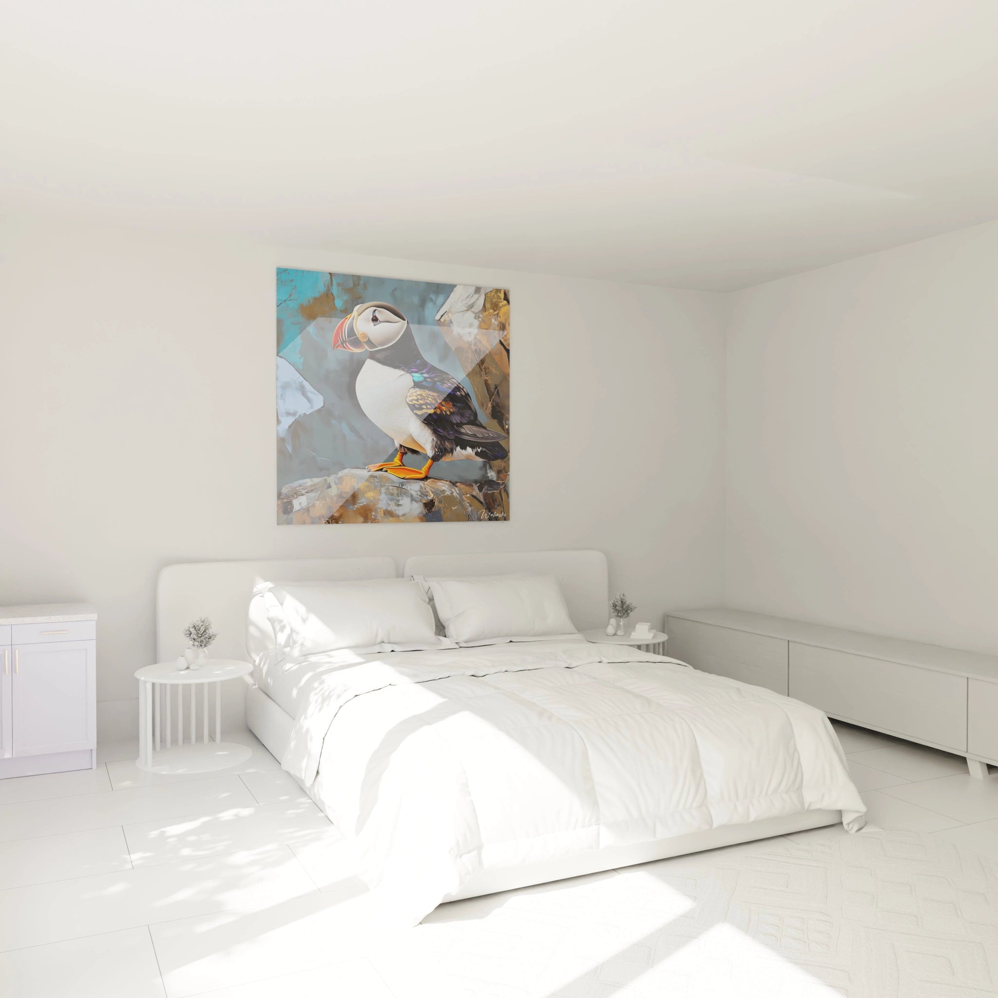 Tableau macareux coloré de Walensky accroché dans une chambre blanche moderne et lumineuse