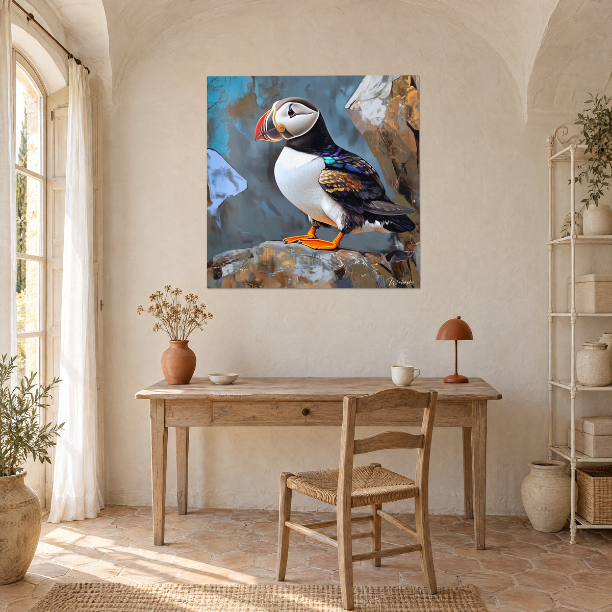 Quadro piccolo uccello polare posato su una roccia bruno dorata, becco arancio, cielo azzurro ghiacciato, sopra una scrivania in legno chiaro