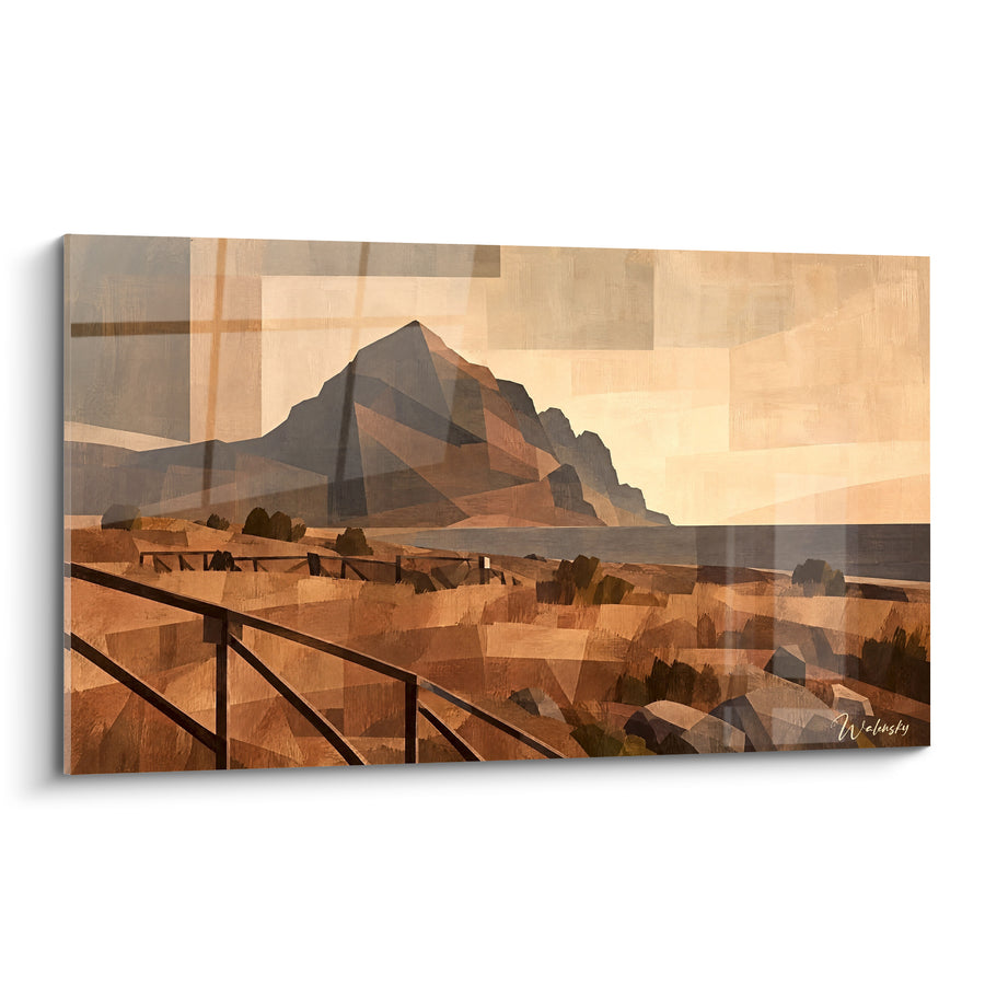 Tableau Promontoire rocheux ocre et anthracite sur sentier - Sentier vers le cap - Edition Macari Sicile Italie