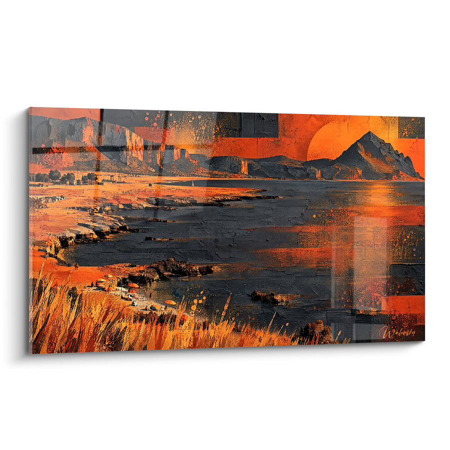 Tableau Côte sicilienne orange et anthracite - Crépuscule méditerranéen - Edition Macari Sicile Italie